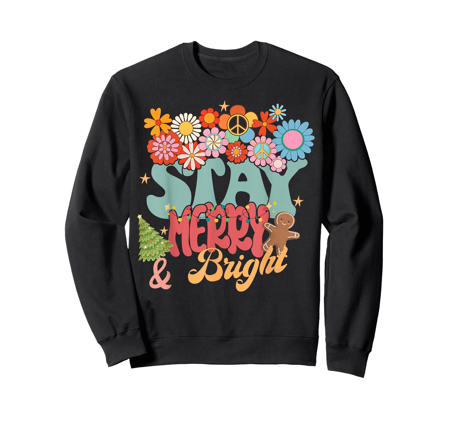 Retro Groovy Peace Stay Christmas Merry Bright Hippie Santa T-Shirt