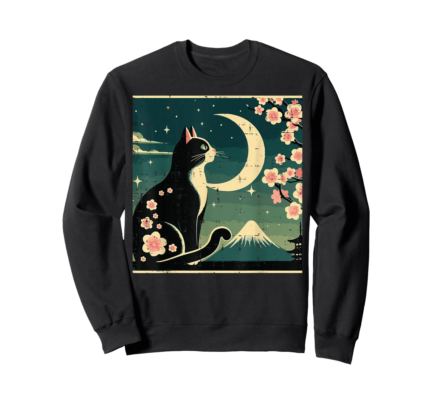 Japanese Tuxedo Cat Moon Sakura Vintage Art Women Girls Kids T-Shirt