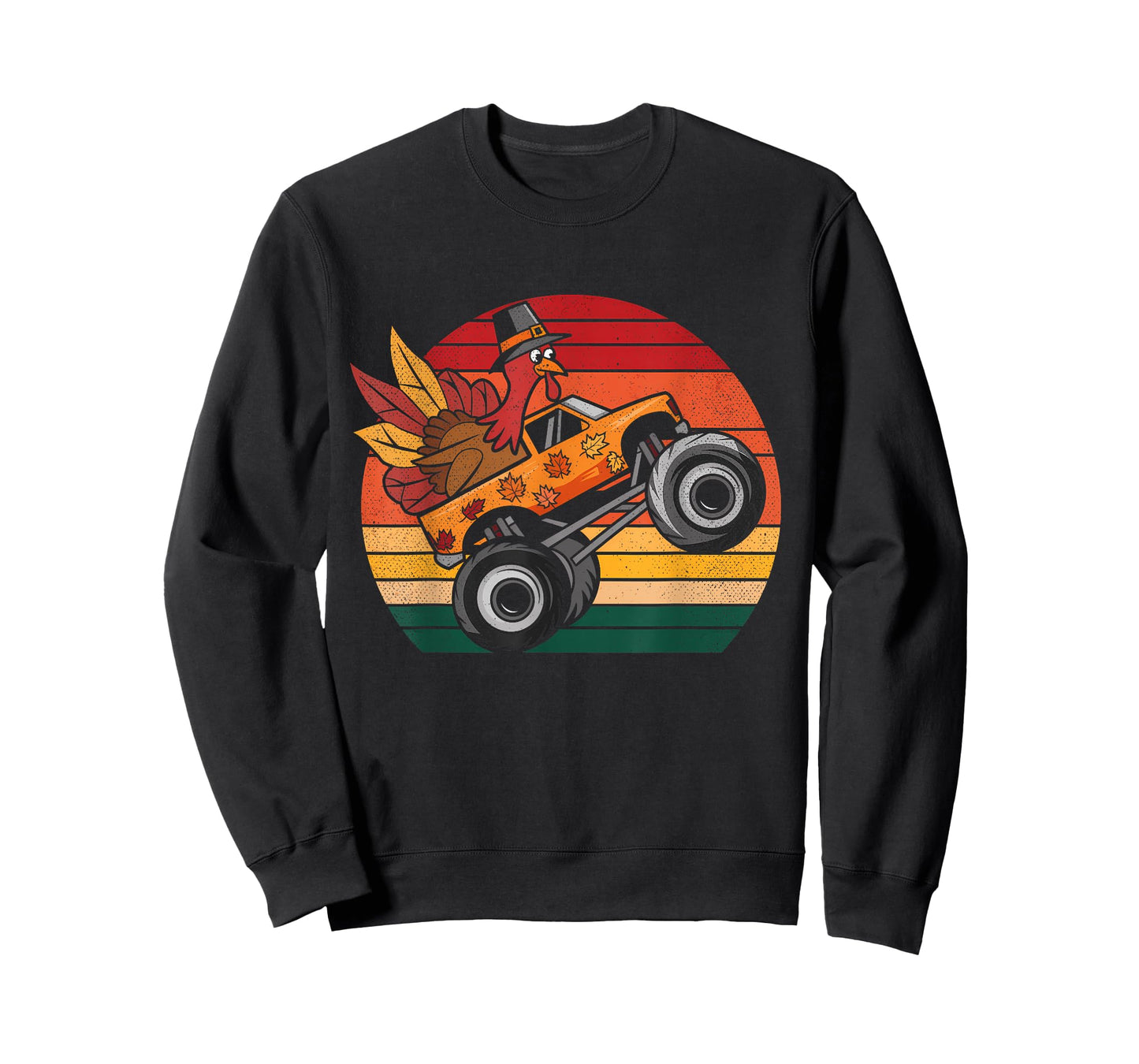 Kids Monster Truck Turkey Sunset Retro Thanksgiving Boy Kid T-Shirt