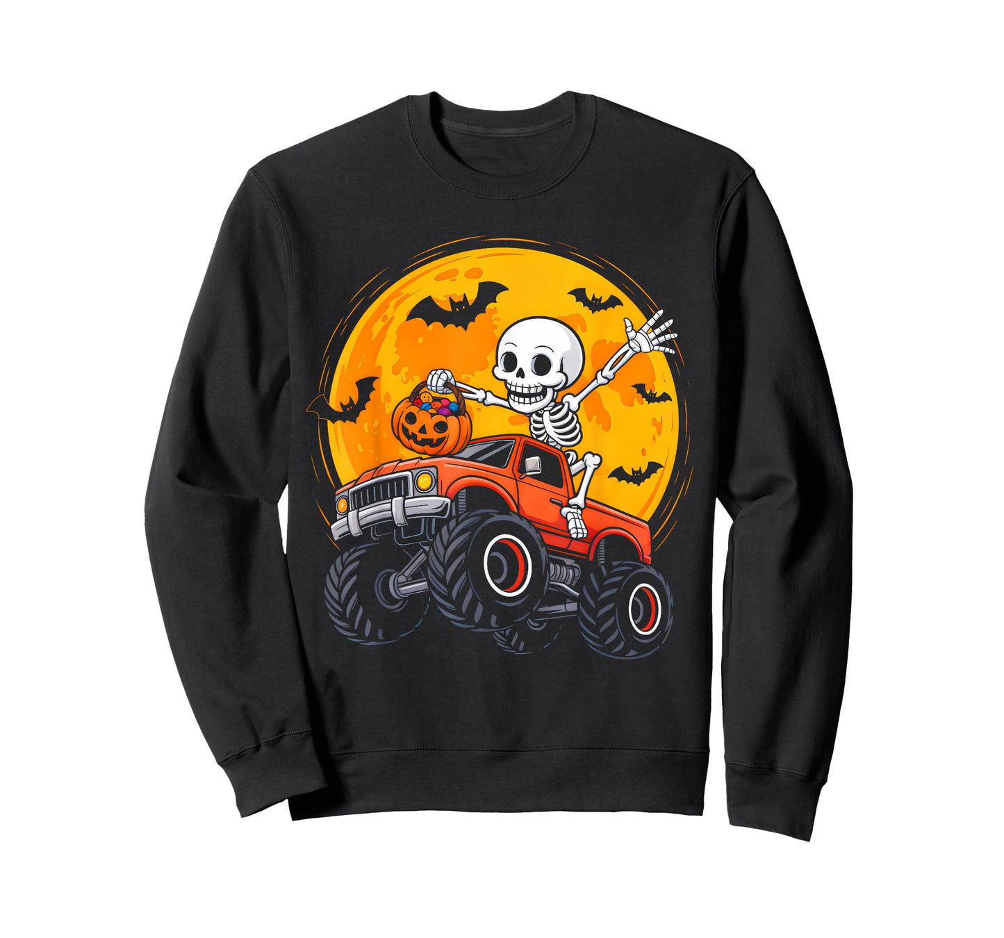 Skeleton Monster Truck Moon Pumpkin Halloween Boys Kids T-Shirt