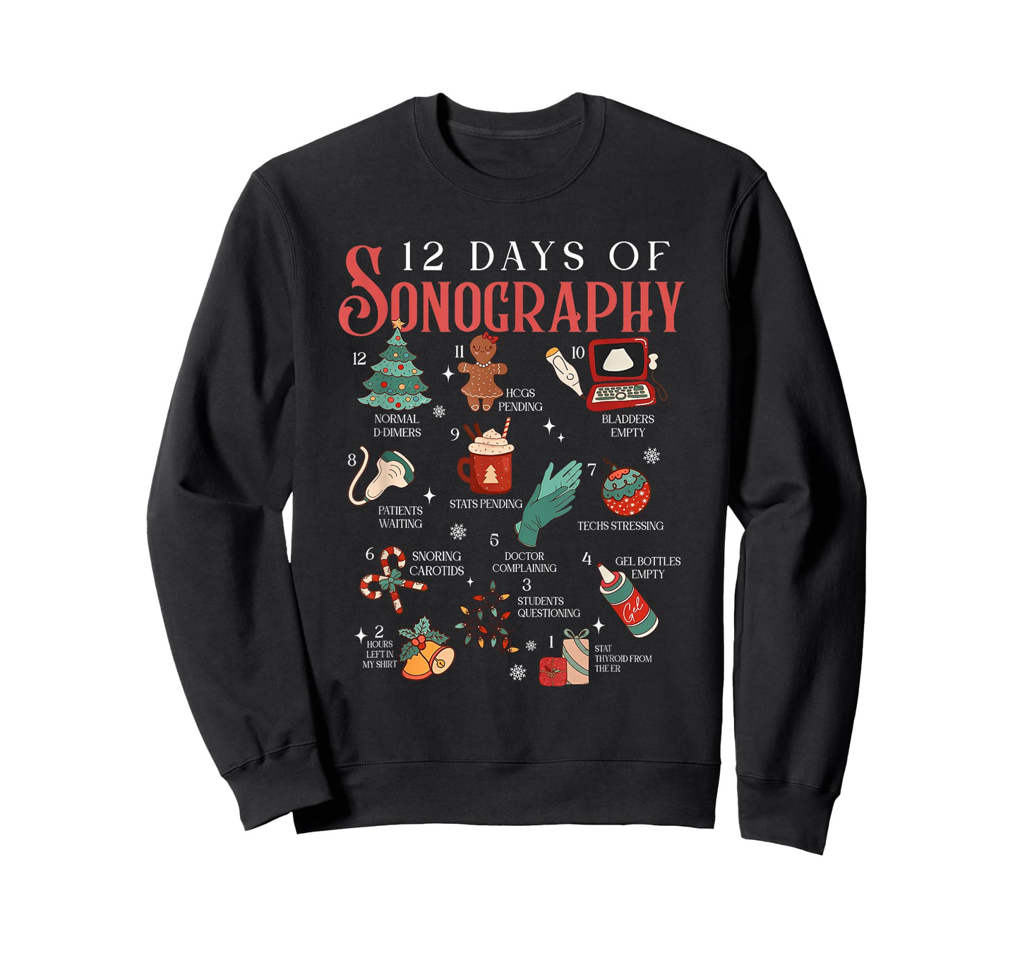 Retro Funny 12 Days of Sonography Ultrasound Tech Christmas T-Shirt