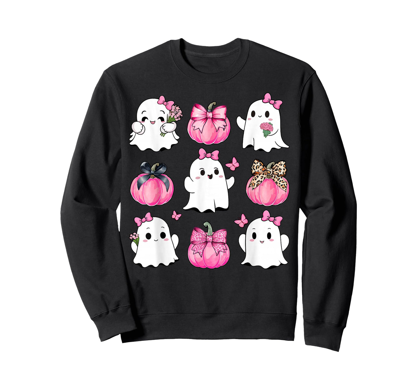 Cute Ghost Florals Pink Coquette Bows Pumpkins Halloween T-Shirt