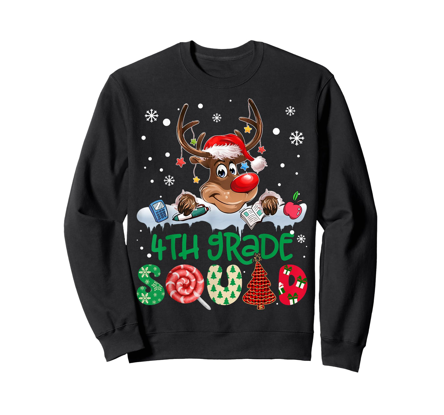 Reindeer Santa Hat 4th Grade Squad Teacher Christmas Kids T-Shirt