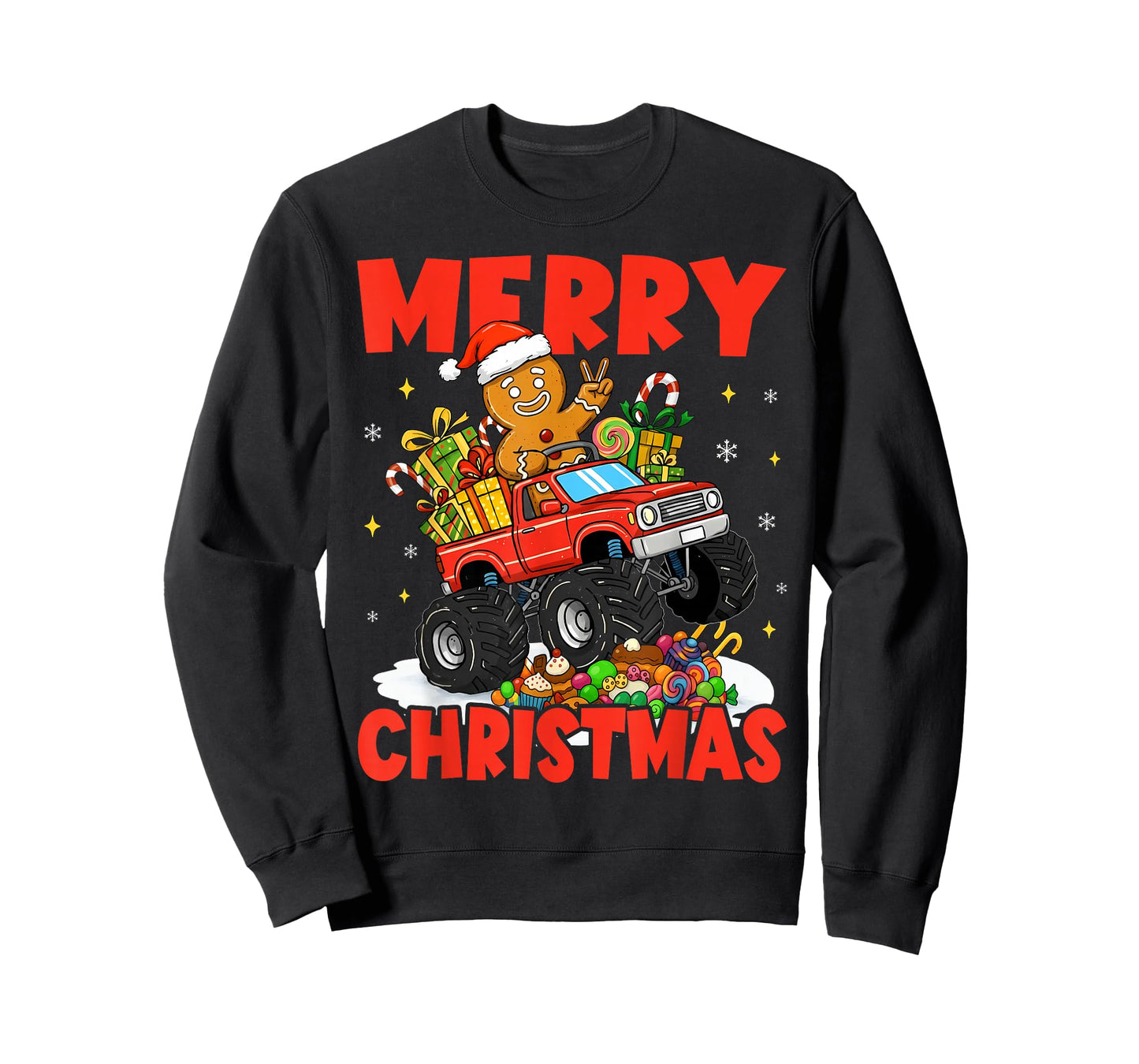 Merry Christmas Monster Truck Funny Gingerbread Men Kid Boys T-Shirt