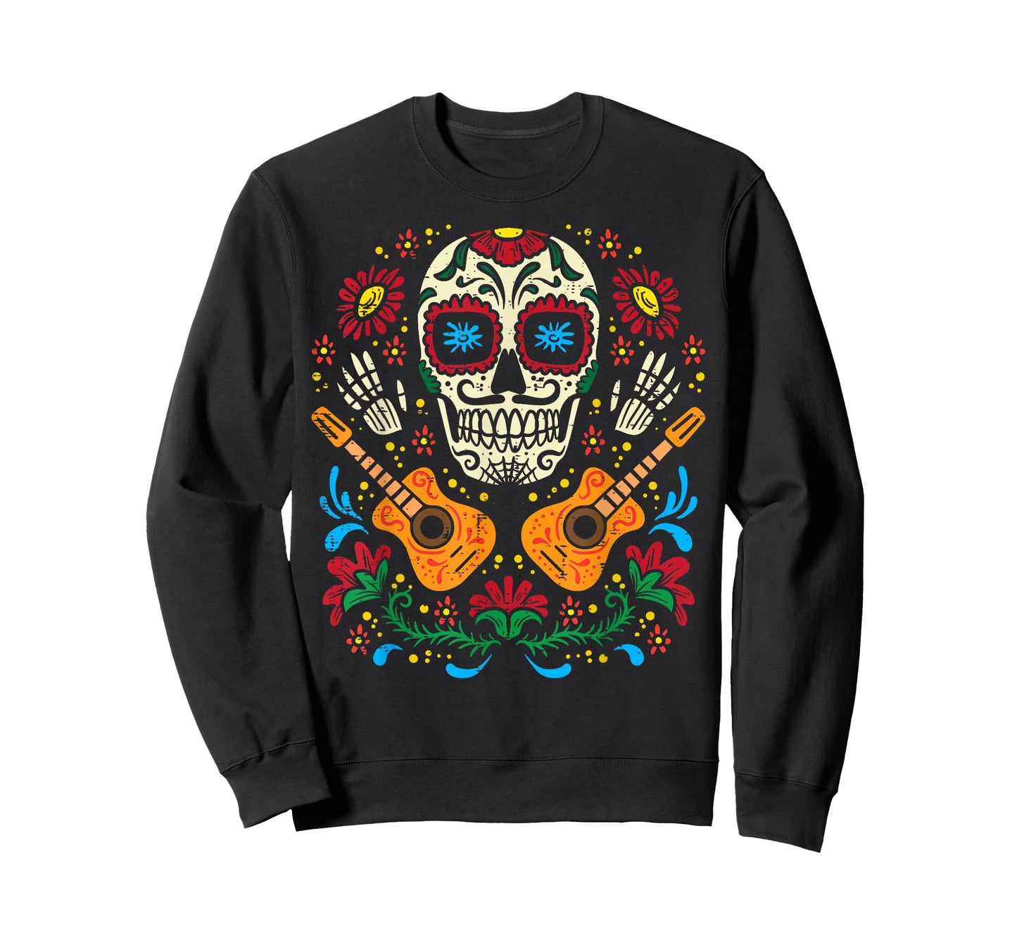 Sugar Skull Flowers Guitar Dia De Muertos Mexican Halloween T-Shirt