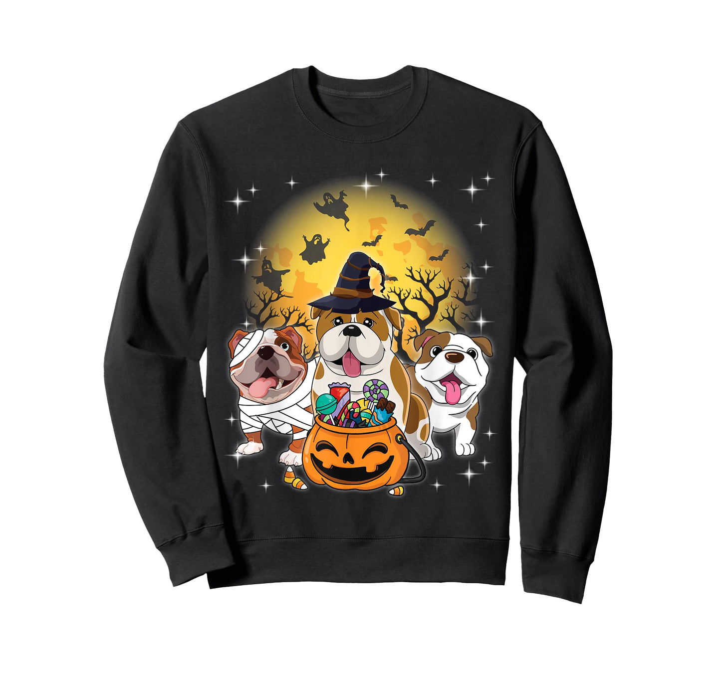 English Bulldog Mummy Witch Dog Moon Ghosts Halloween Day T-Shirt for Men Women Kids