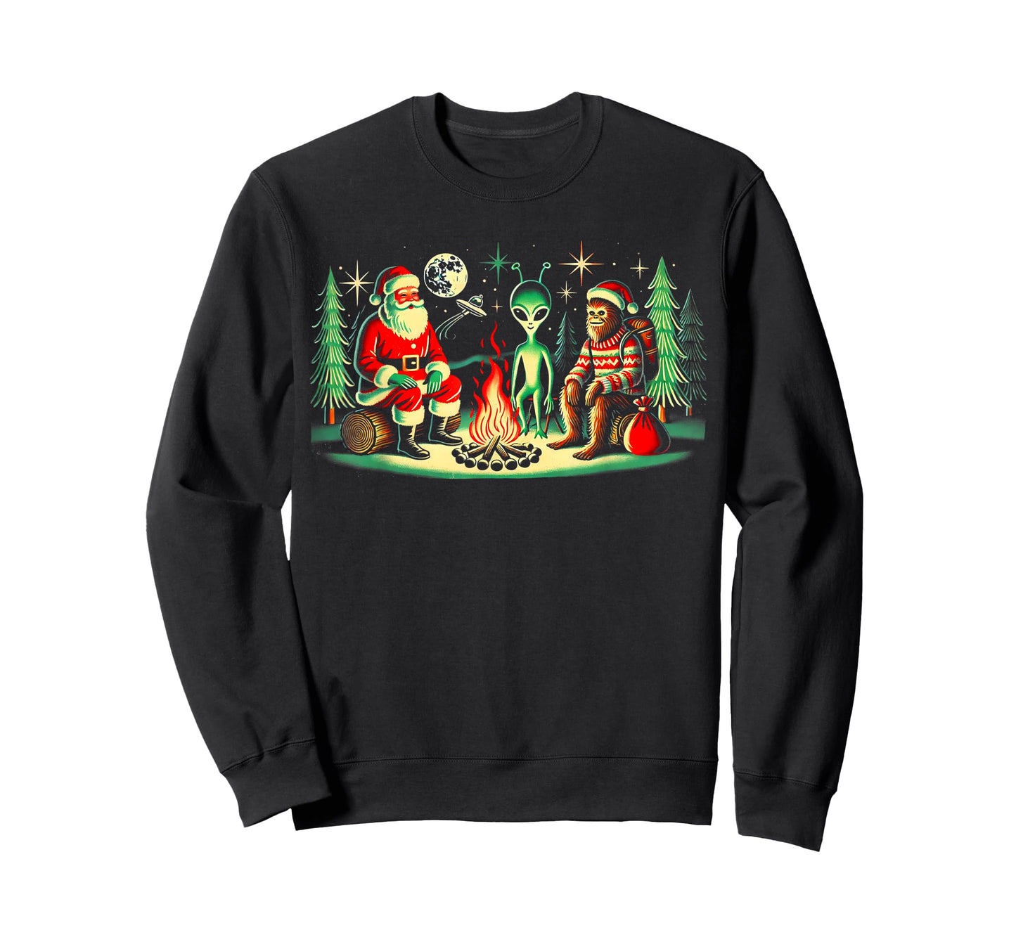 Santa Bigfoot and Alien Sat Around a Fire at Camp, Christmas T-Shirt