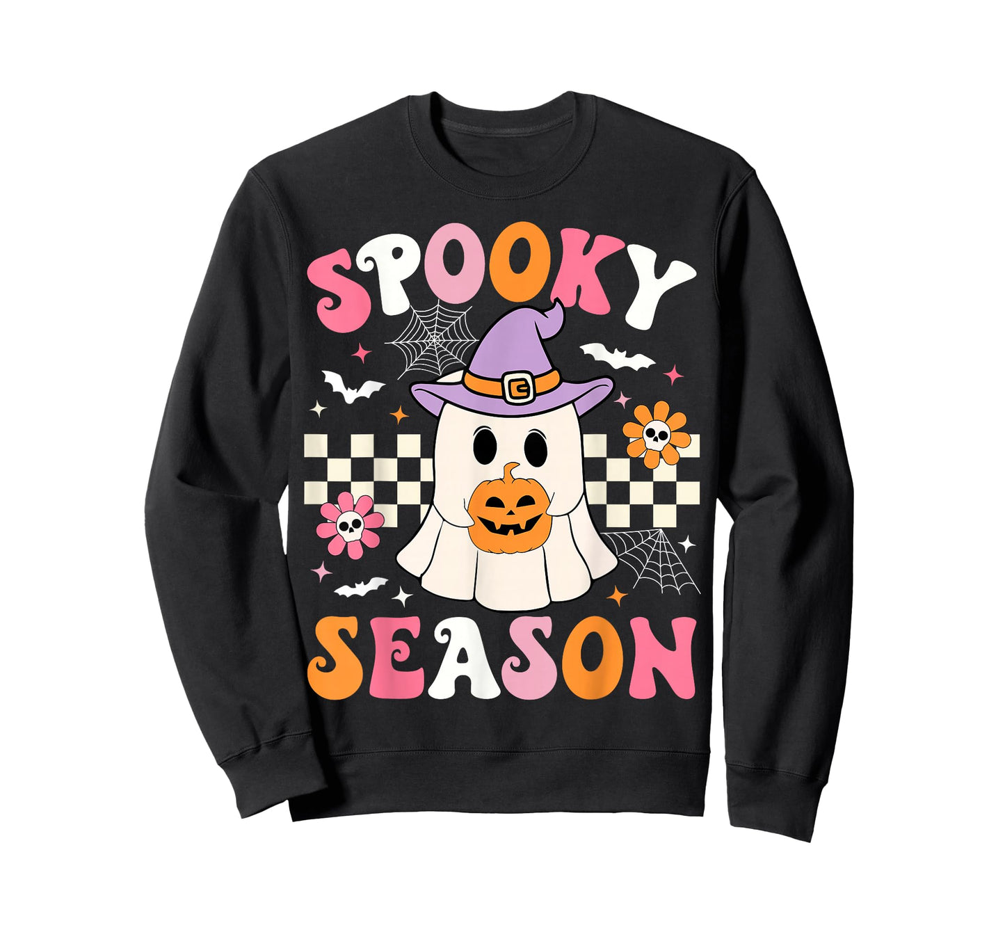 Spooky Season Ghost Holding Pumpkin Groovy Halloween Ghost T-Shirt