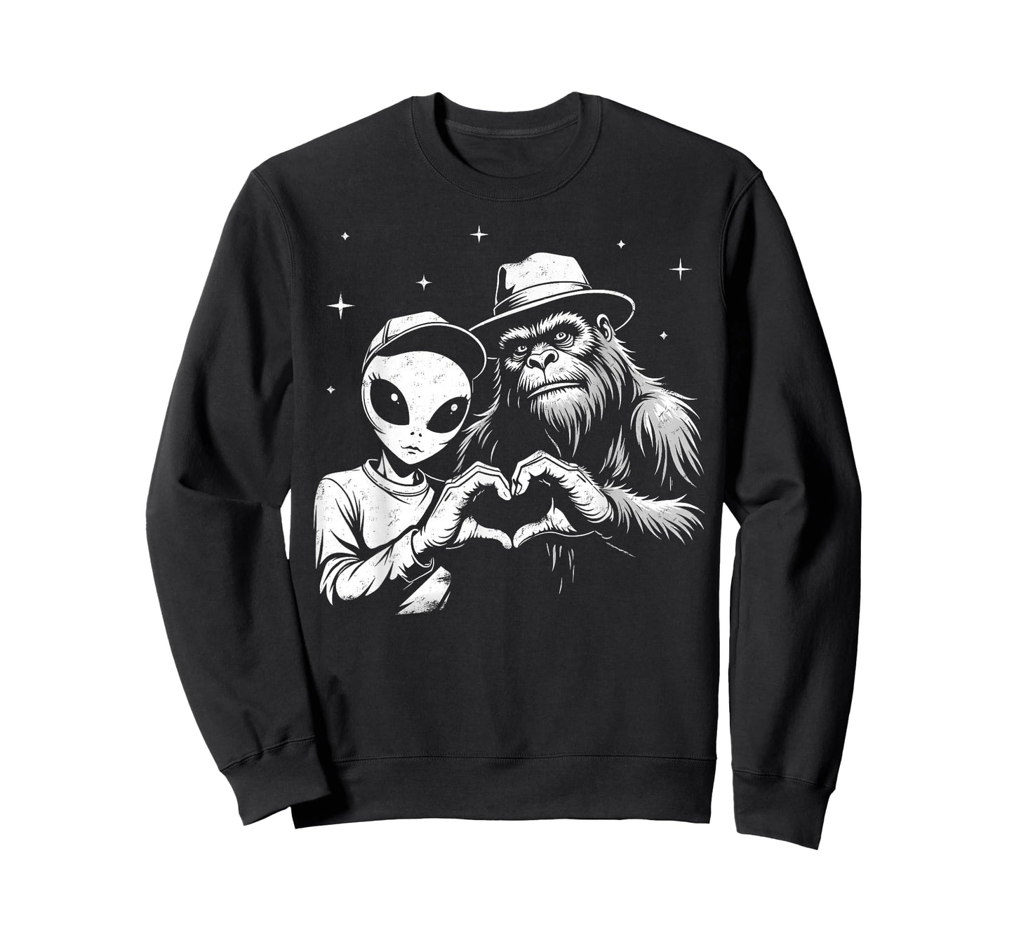 Bigfoot And Alien Love Hand Sign Funny Sasquatch T-Shirt