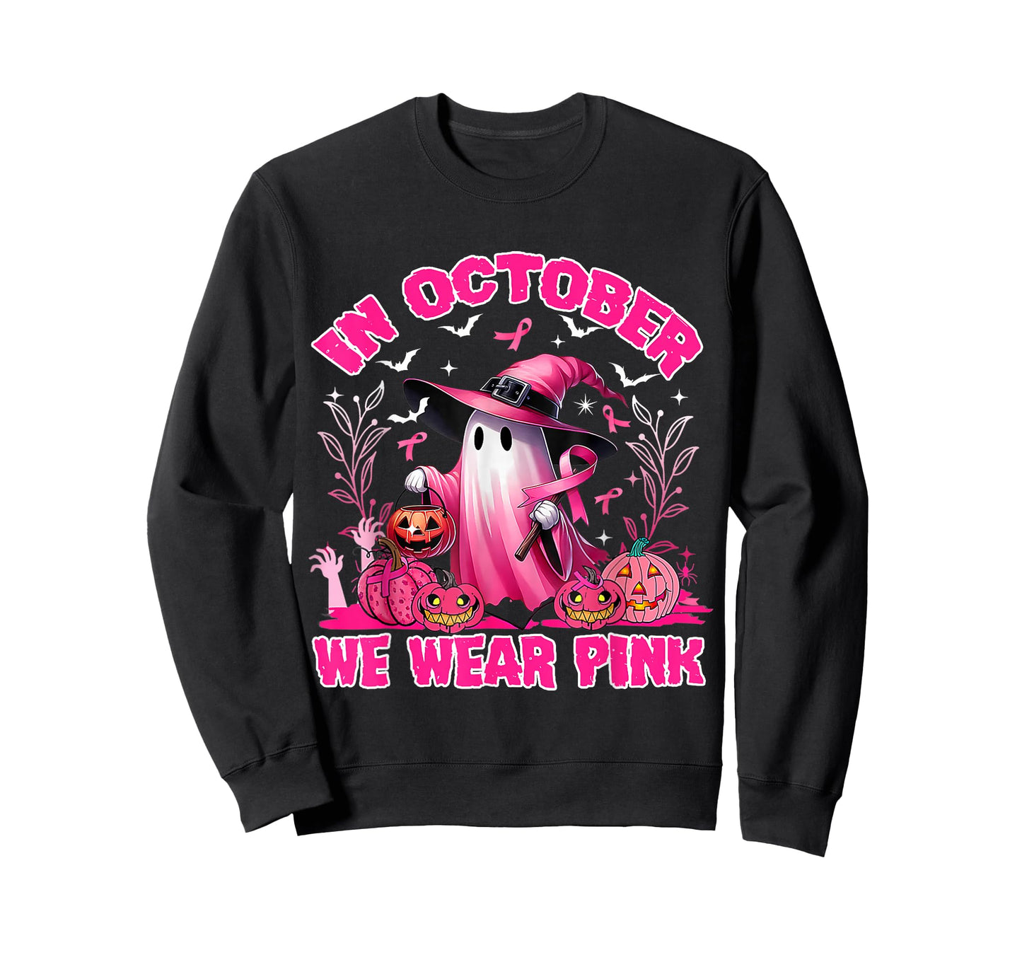In October We Wear Pink Ghost Witch Breast Cancer Awareness T-Shirt
