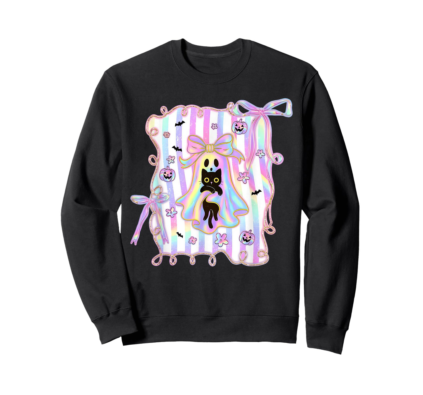 Ghost Holding Black Cat Pumpkin Coquette Halloween T-Shirt