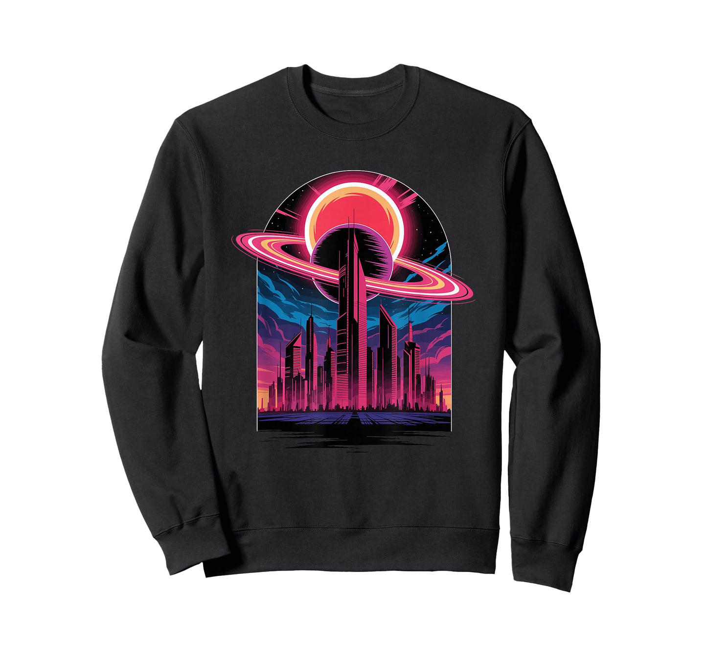 Retro Futuristic Cityscape with Planet and Ring Eclipse T-Shirt