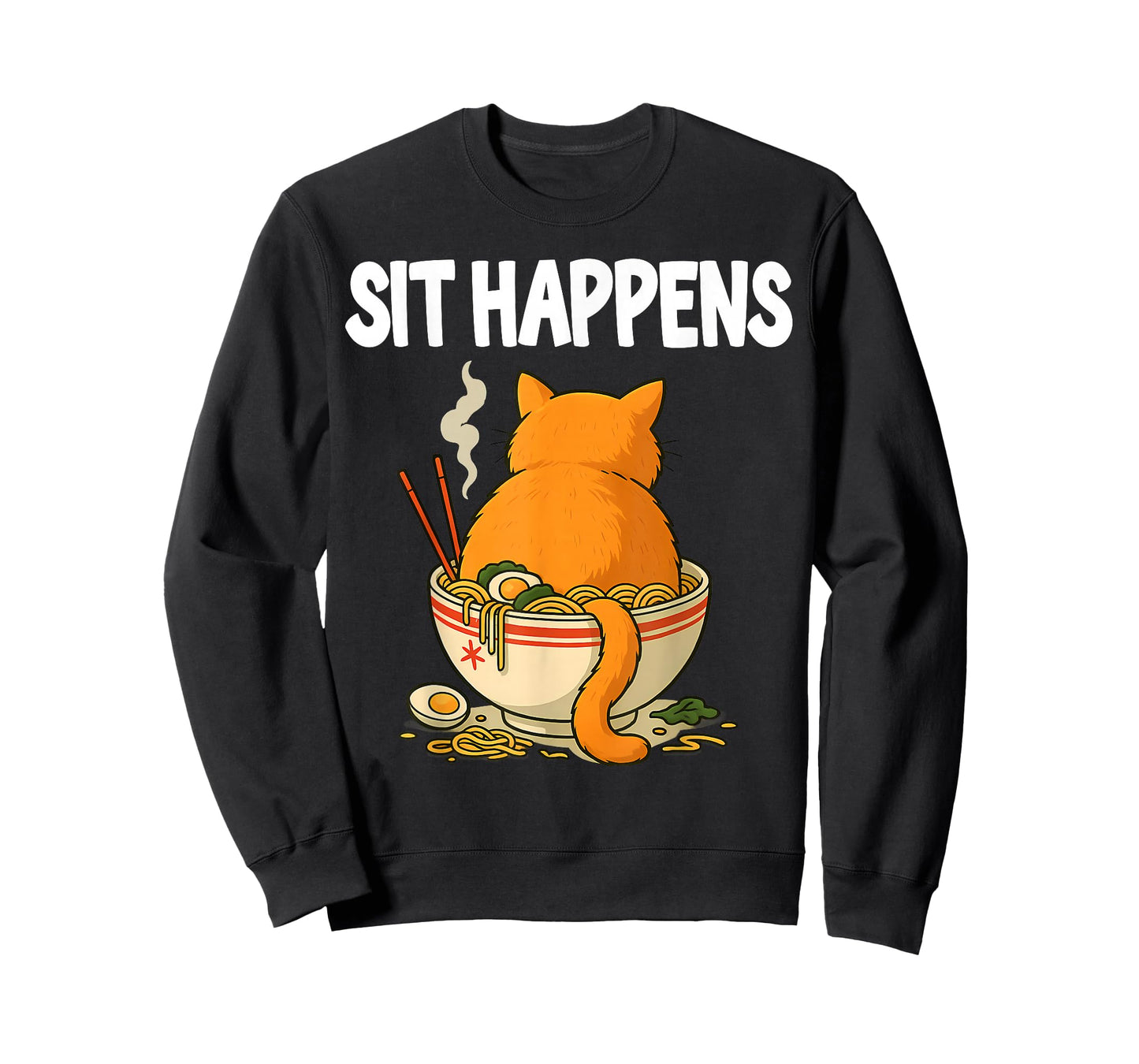 Funny Cat Ramen Bowl Sit Happens Orange Chubby Tabby Humor T-Shirt