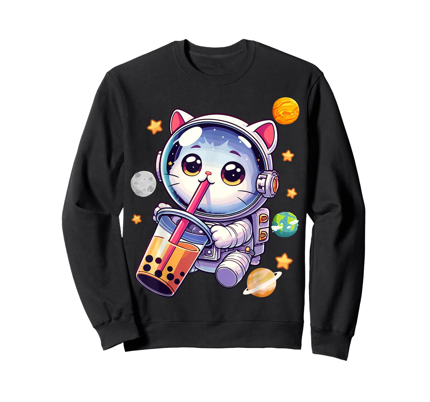 Space Cat Astronaut Boba Tea Boba Cat Galaxy Cute Anime T-Shirt for Men Women Kids