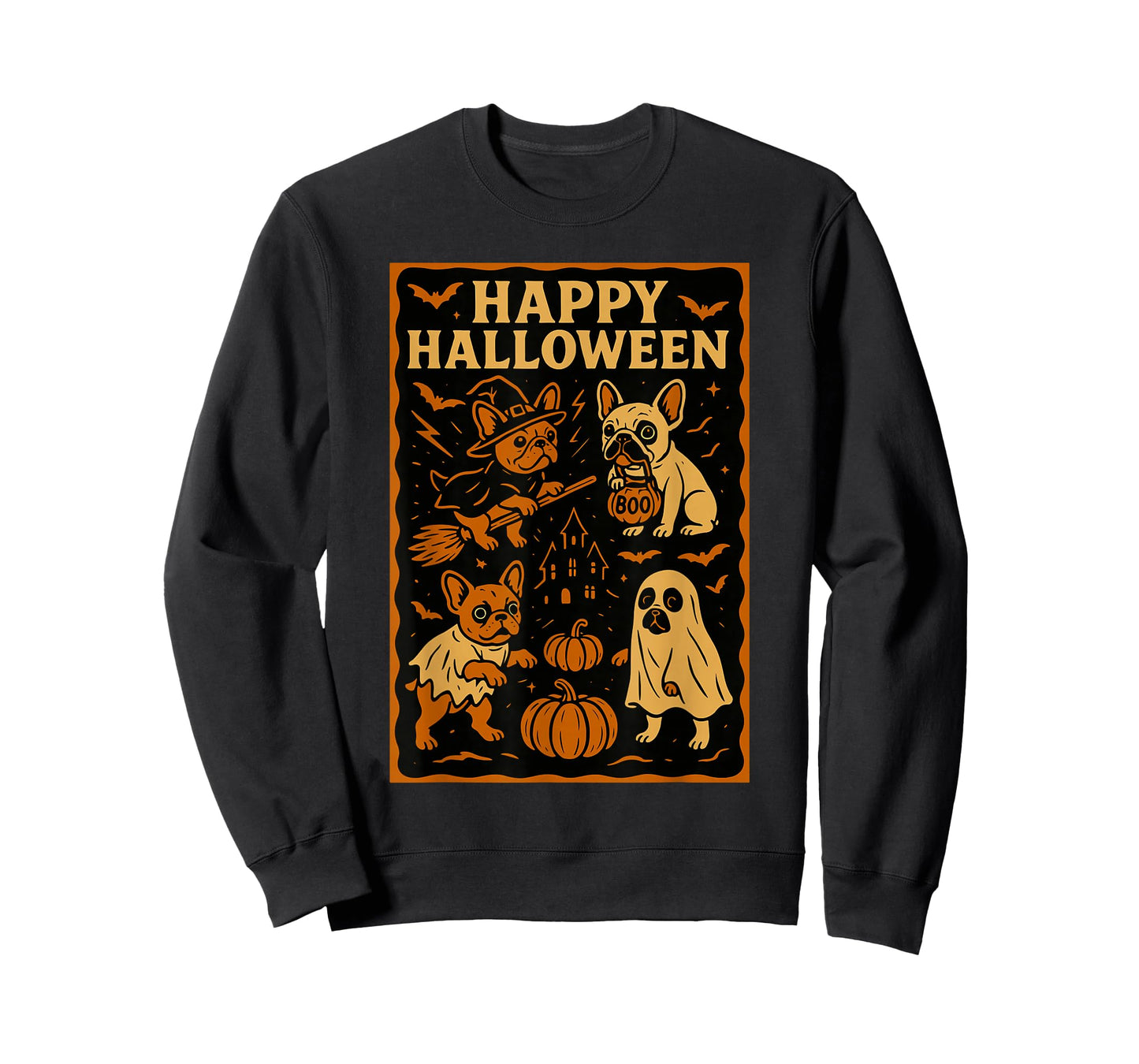 French Bulldog Happy Halloween Witch Hat Pumpkin Dog Ghost T-Shirt
