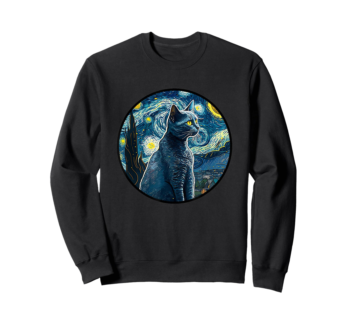 Russian Blue Cat in Starry Night Painting Men Women Kids T-Shirt