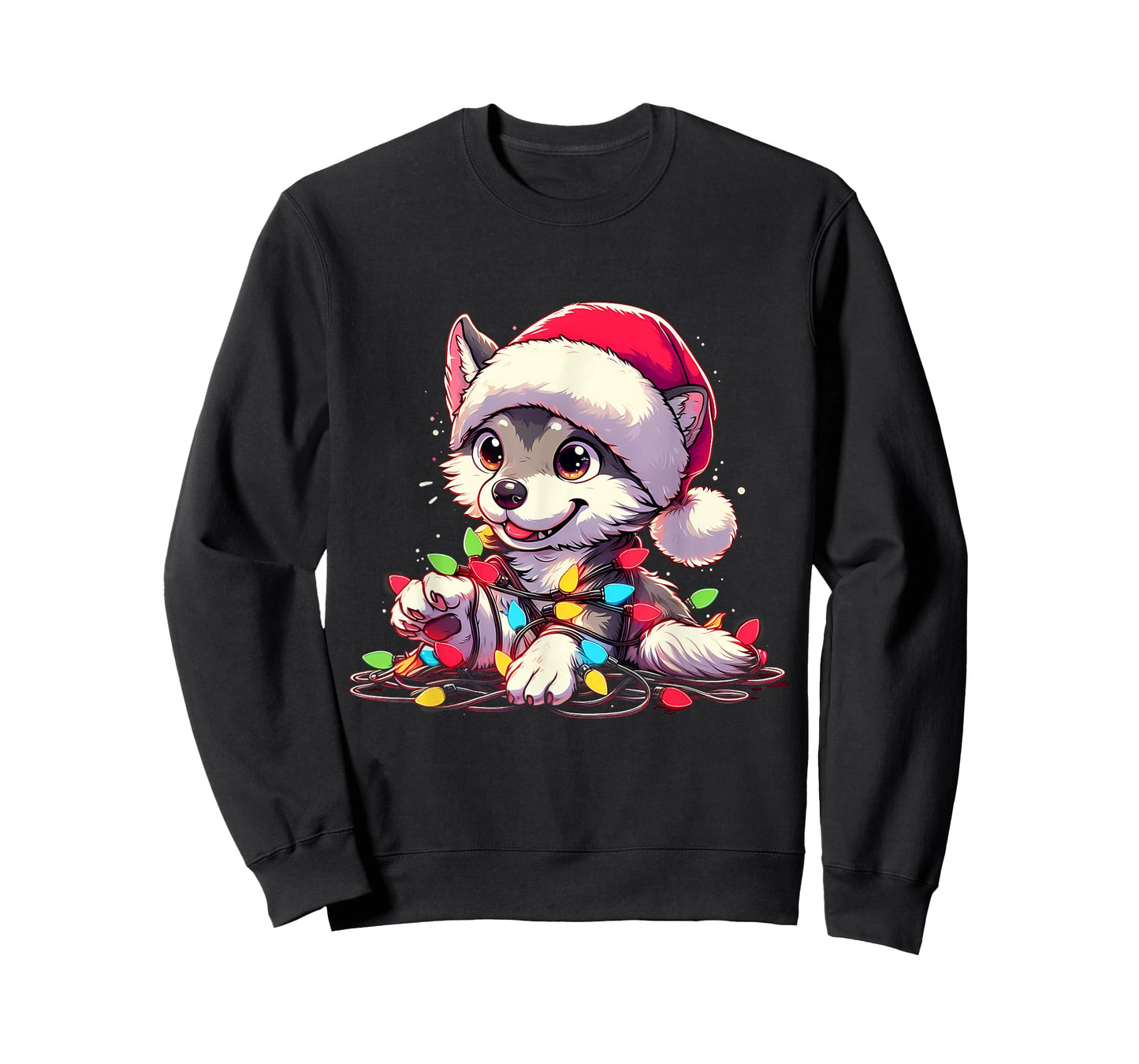 Merry Wolfmas Christmas Lights Cute Wolf Santa Hat T-Shirt