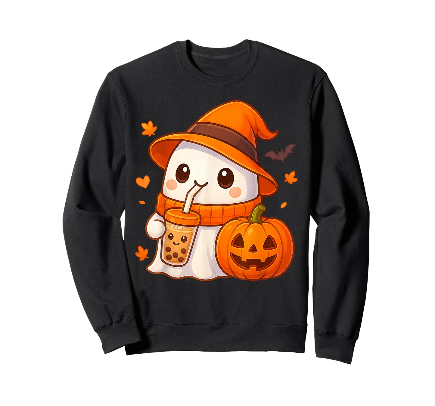 Kawaii Ghost Drinking Pumpkin Boba Tea Cute Ghost Halloween T-Shirt