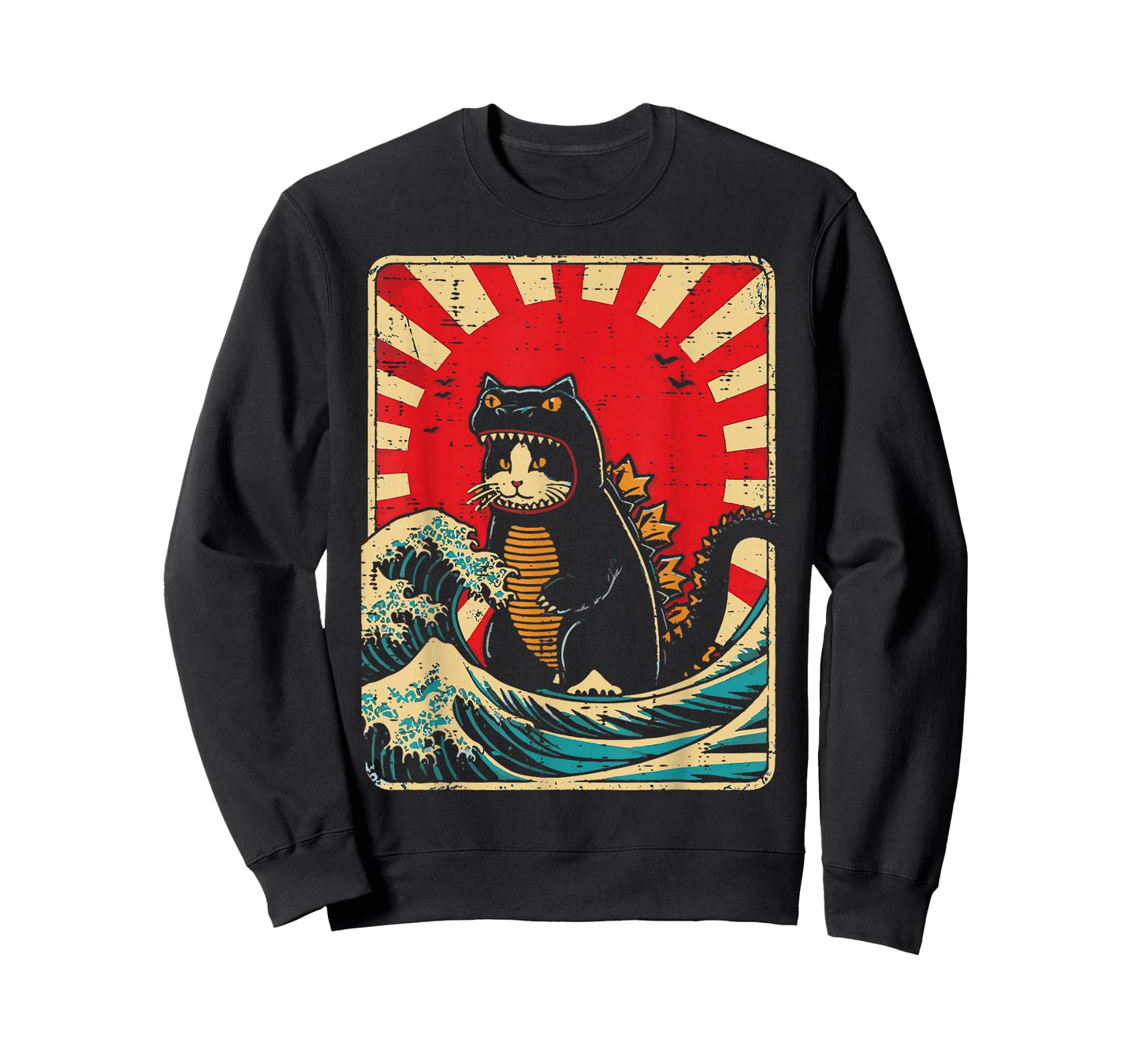 Cat Monster Waves Red Sun Japanese Catzilla Women Men Kids T-Shirt