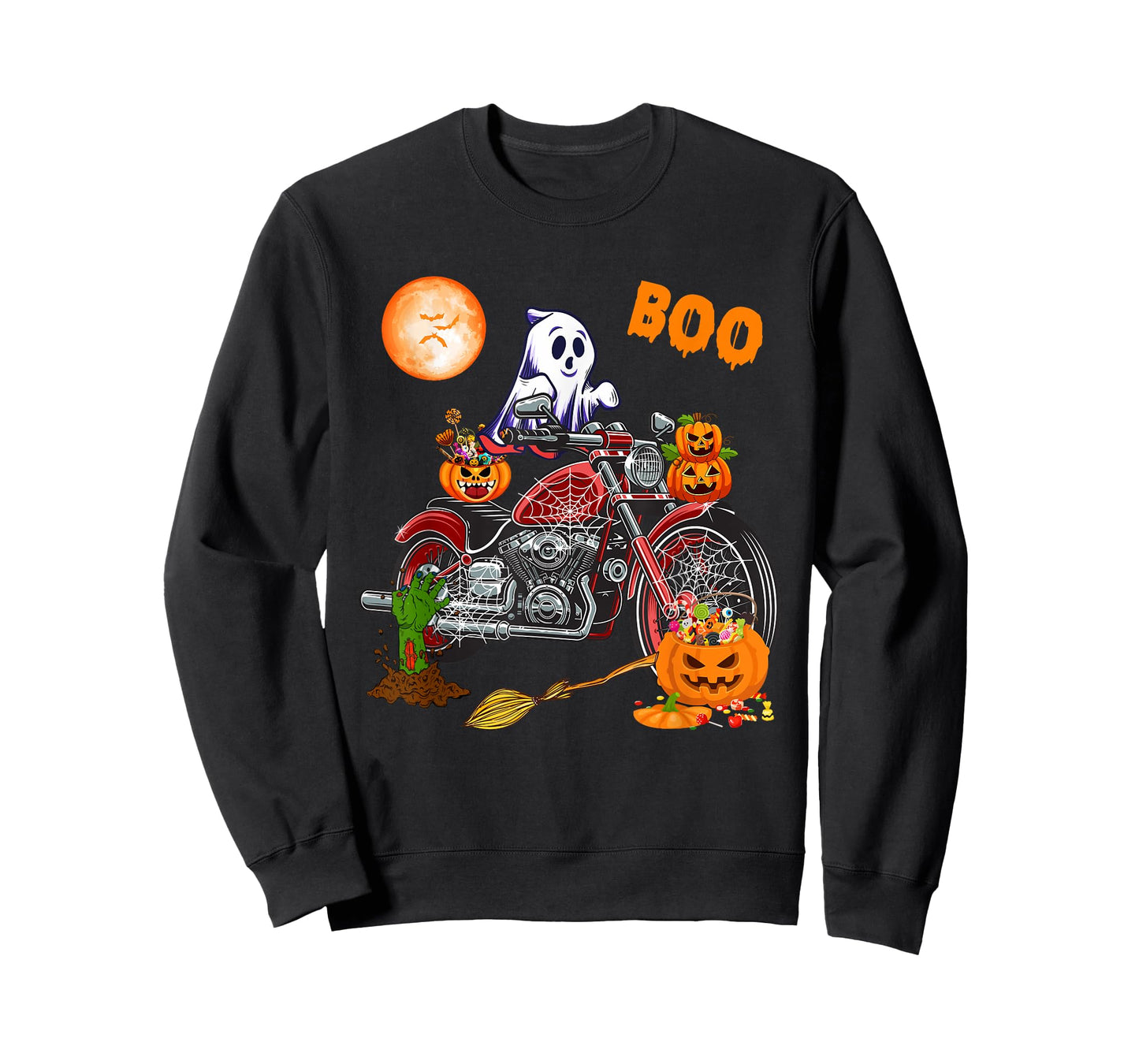 Boo Ghost Riding Motorcycle Horror Candy Bag Carved Pumpkin T-Shirt