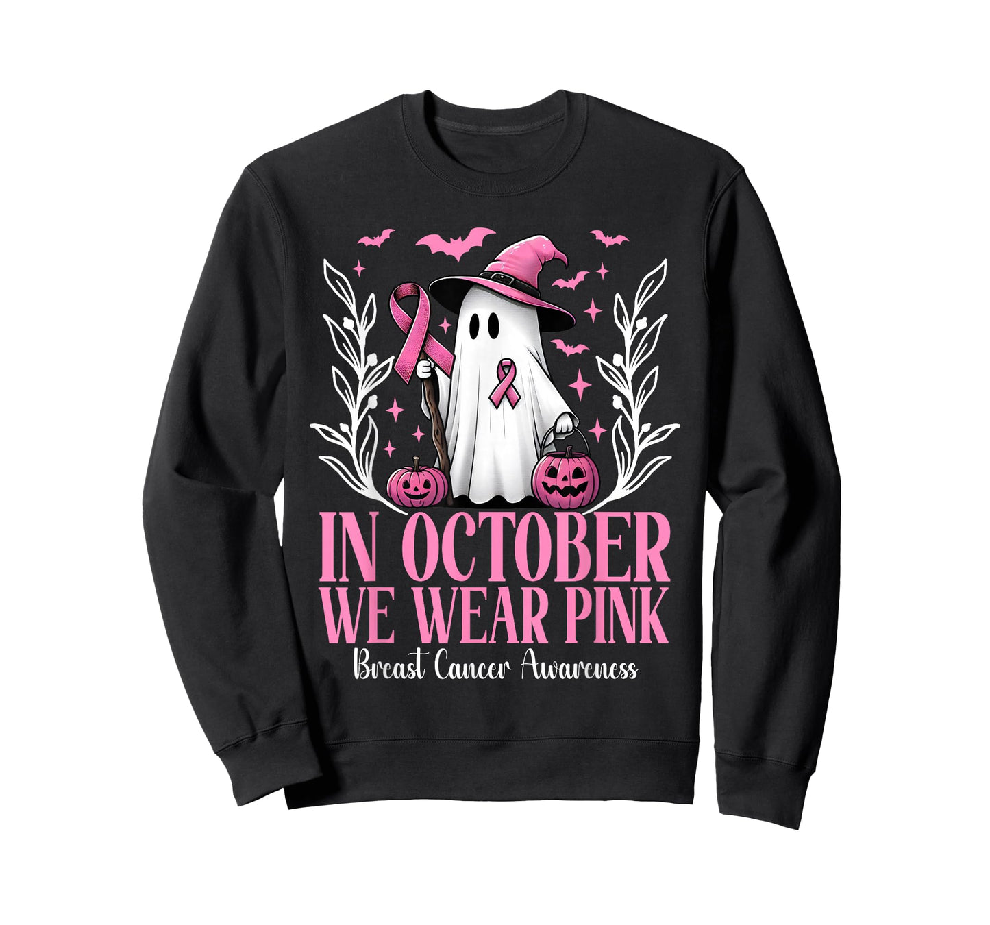 In October We Wear Pink Breast Cancer Witch Ghost Halloween T-Shirt
