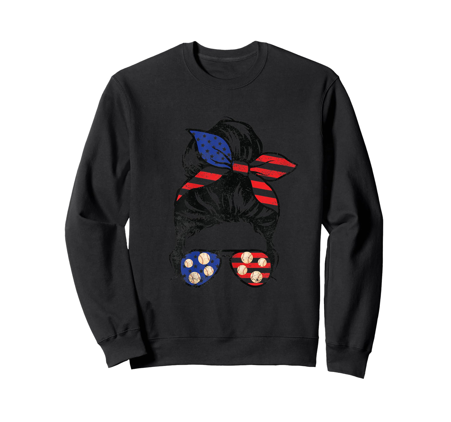 Womens American Flag Baseball Messy Bun Vintage Patriotic 4th July T-Shirt