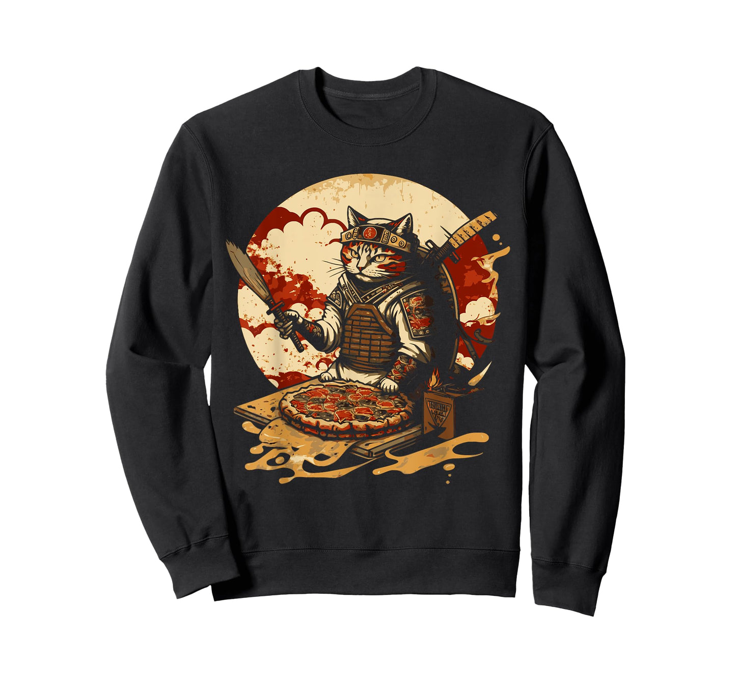 Japanese Sunset Samurai Cat Eat Pizza Anime Ninja Kitten T-Shirt for Men Women