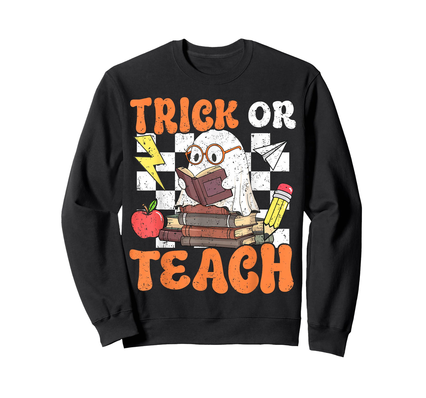 Trick or Teach Retro Halloween Teacher Reading Ghost Womens T-Shirt