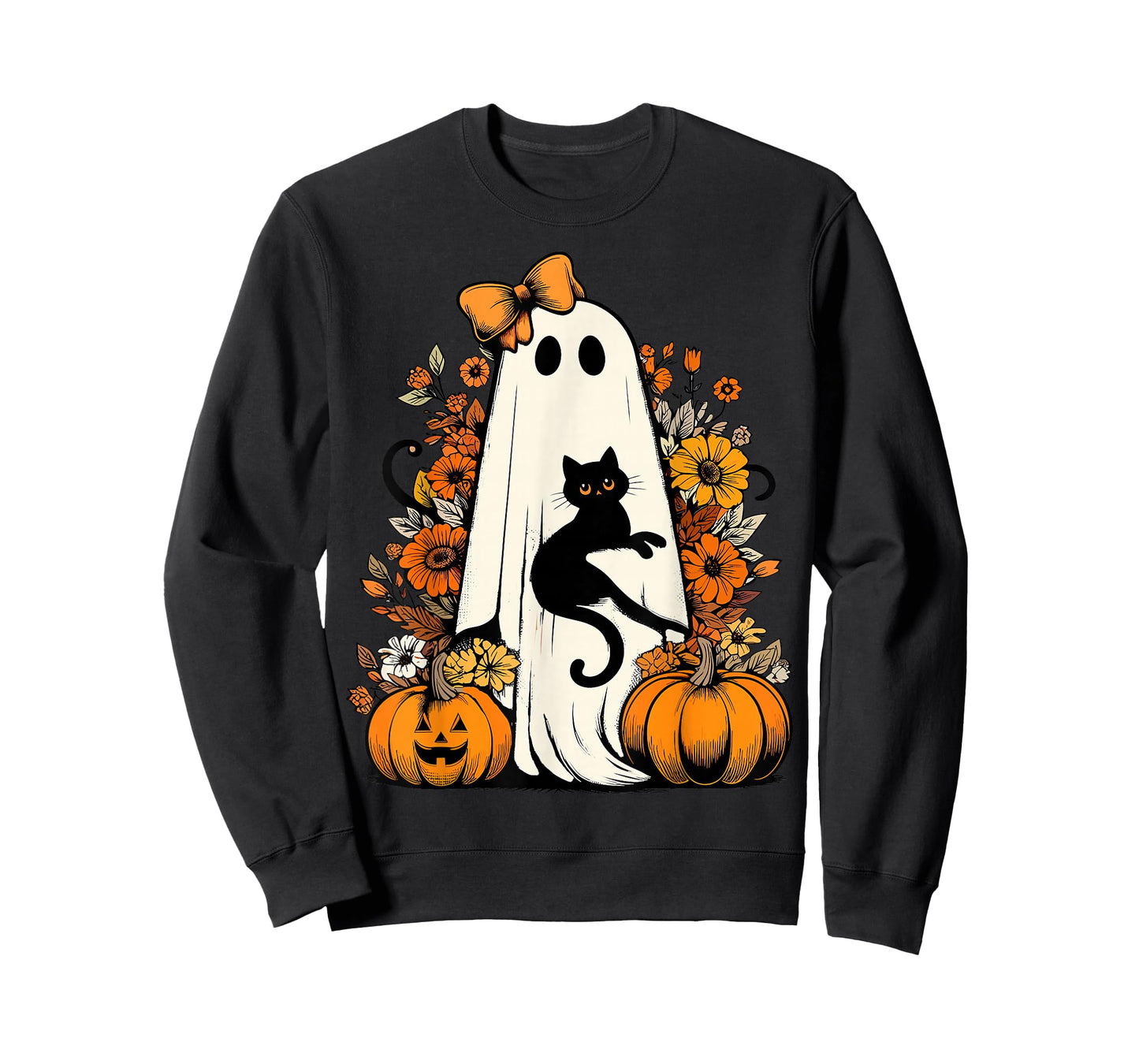 Retro Halloween Ghost Holding Black Cat Floral Halloween Cat T-Shirt