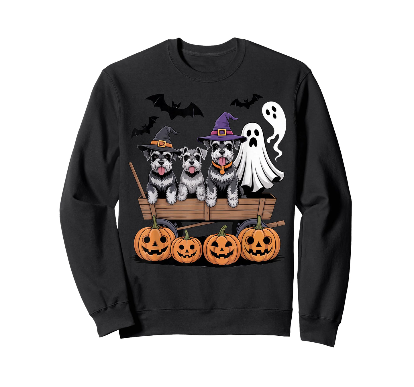 Schnauzer Halloween Wagon Ghost Witch Hats Bats Pumpkins T-Shirt