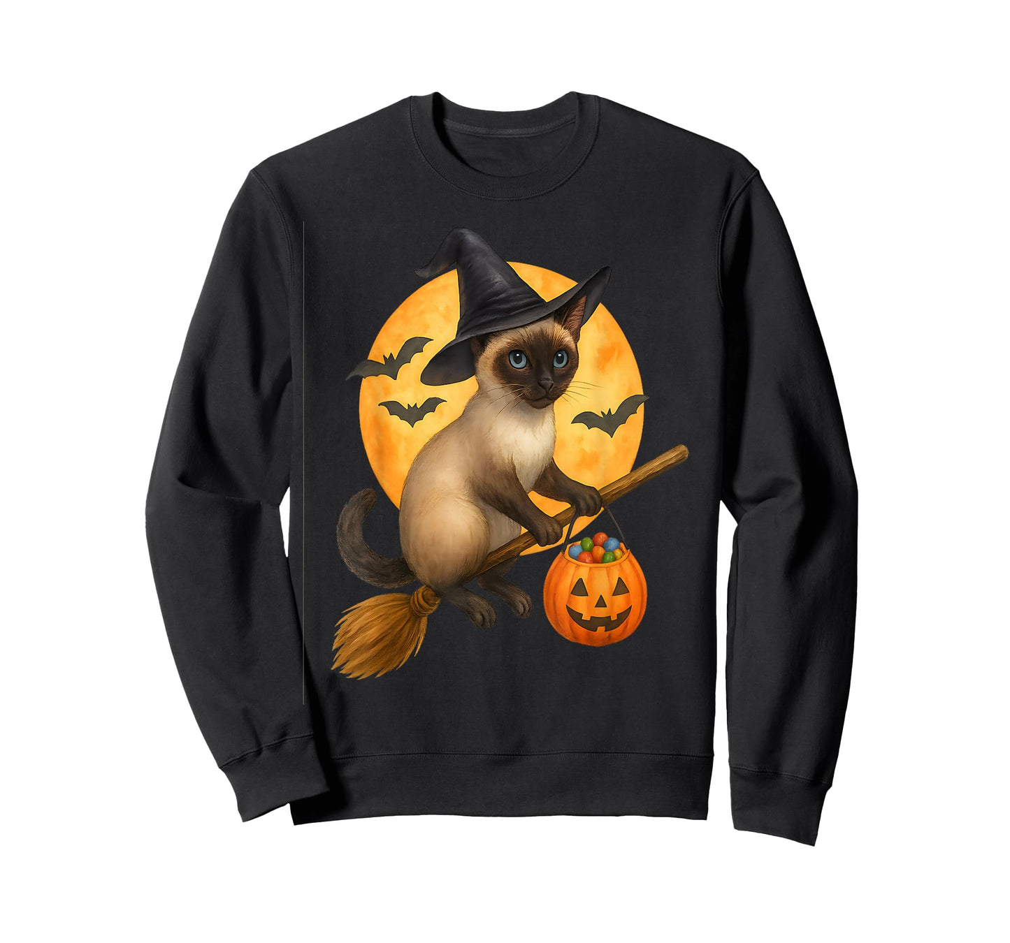 Cute Halloween Siamese cat Witch Flying on Broom with Candy T-Shirt