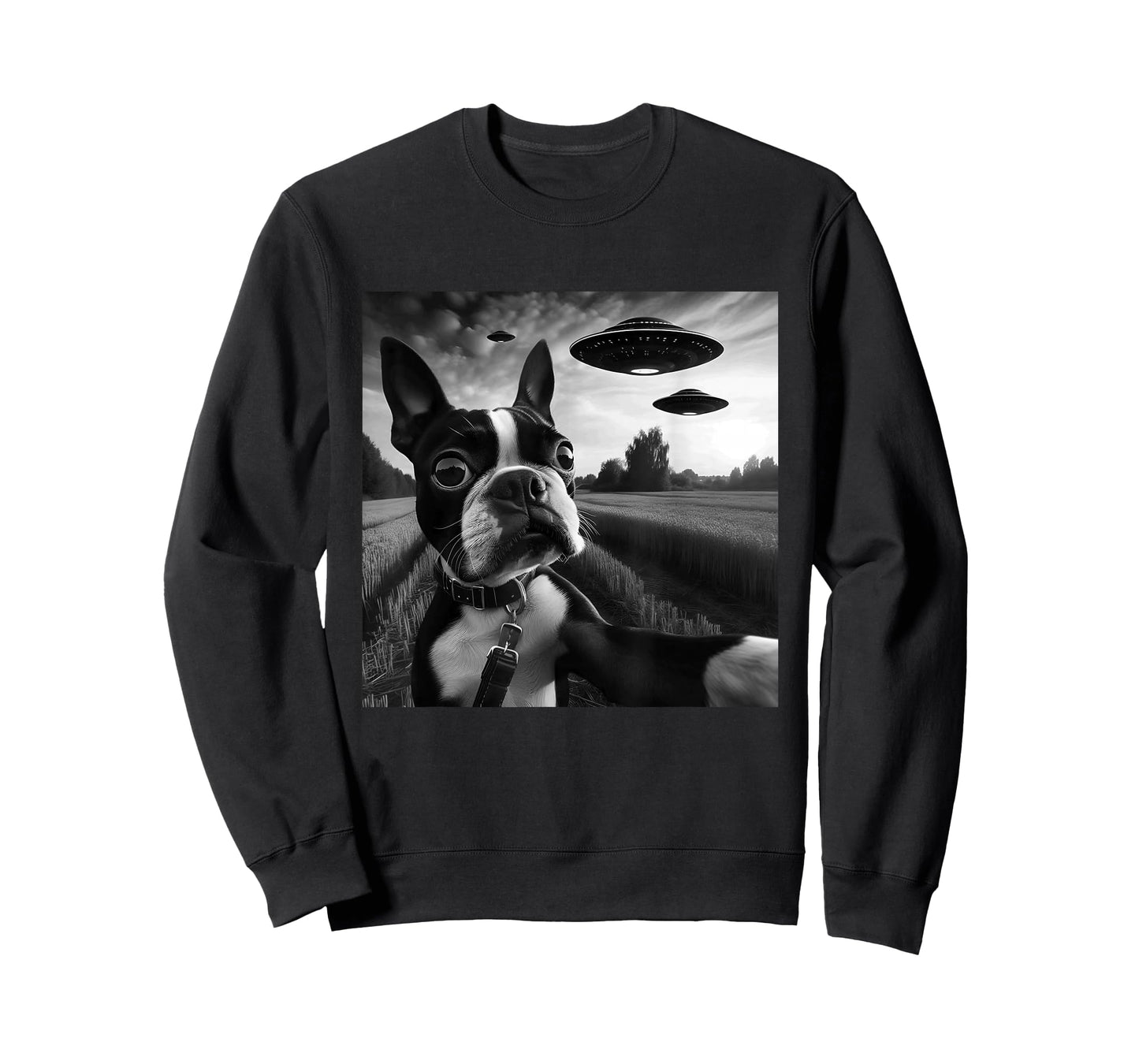 Boston Terrier Funny Graphic Selfie with UFOs Weird Aliens T-Shirt