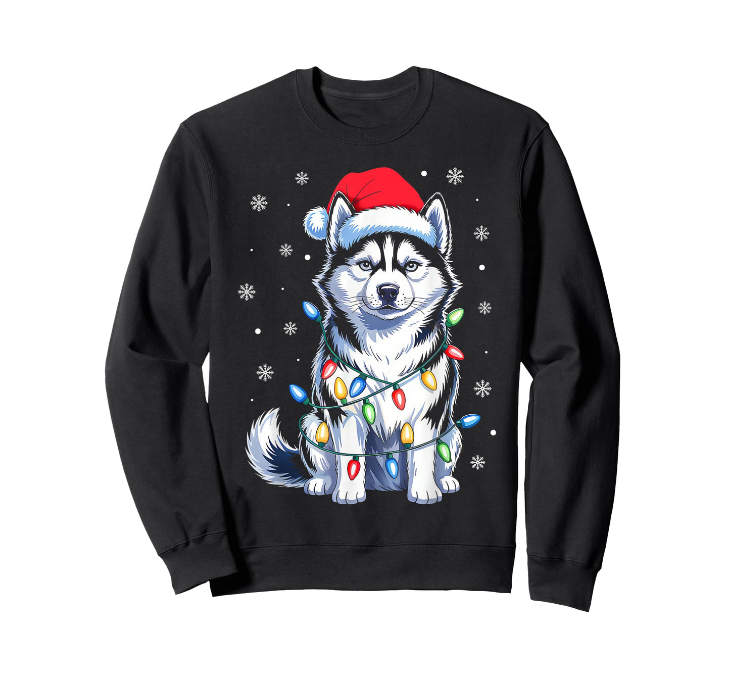 Husky Dog Christmas Lights Santa Hat Family Xmas Pajamas T-Shirt