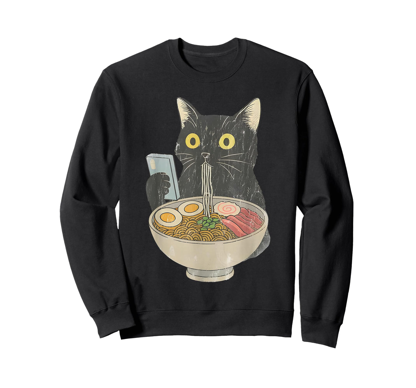 Kawaii Cat Eating Ramen Noodles with Phone Funny Anime Cats T-Shirt