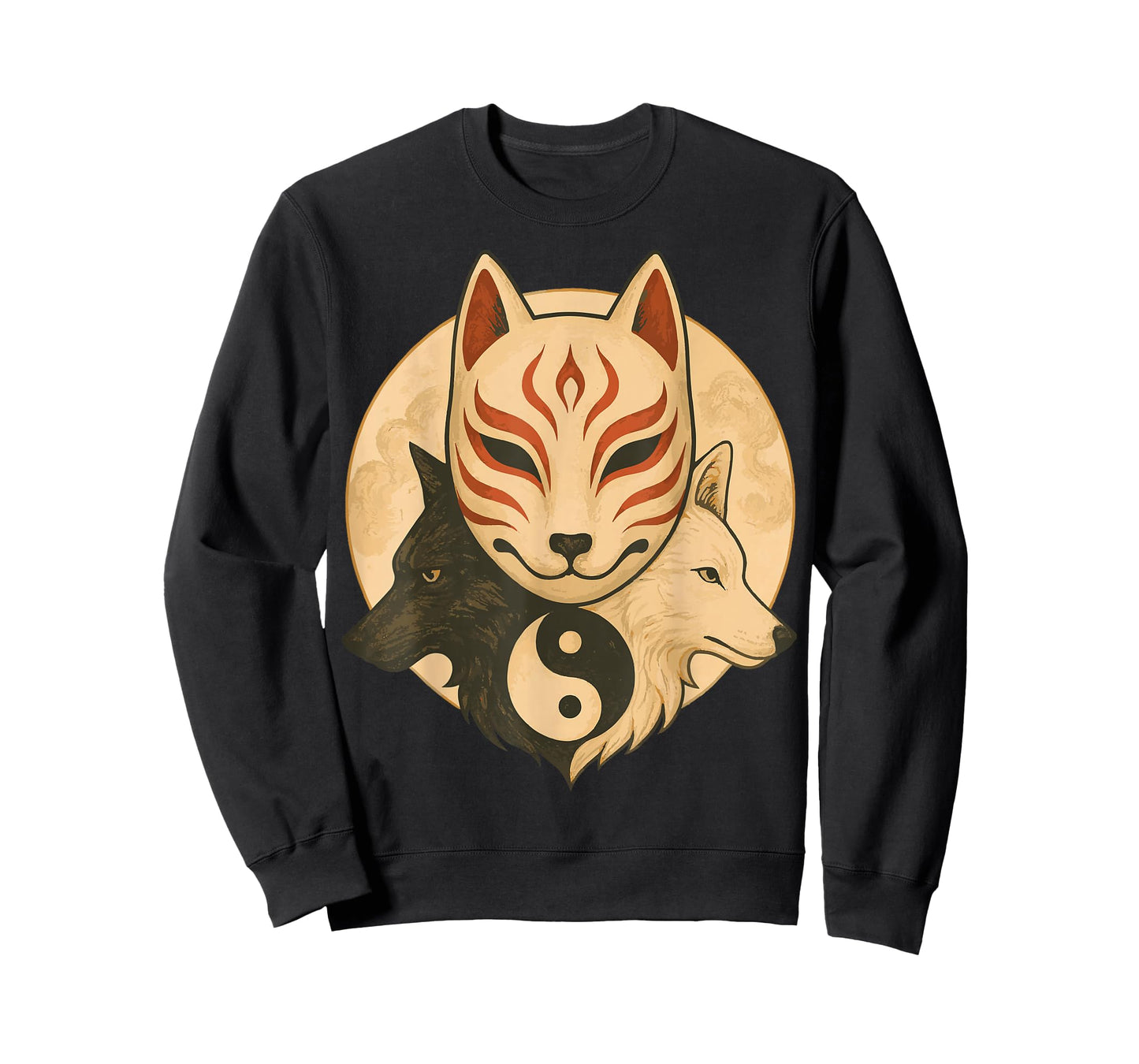 Kitsune Mask Yin Yang Wolves Balance Spirit Art T-Shirt