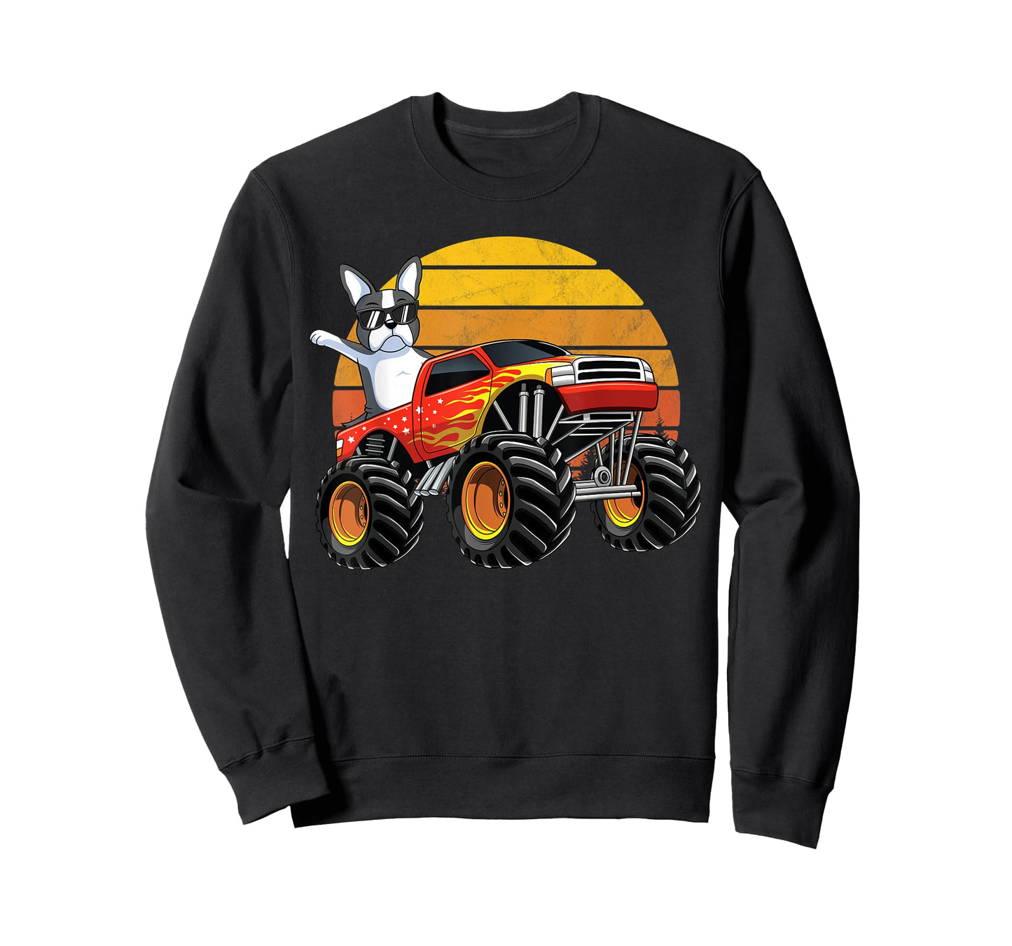 Monster Truck Boston Terrier Dog Retro Sunset Boys Kids Gift T-Shirt
