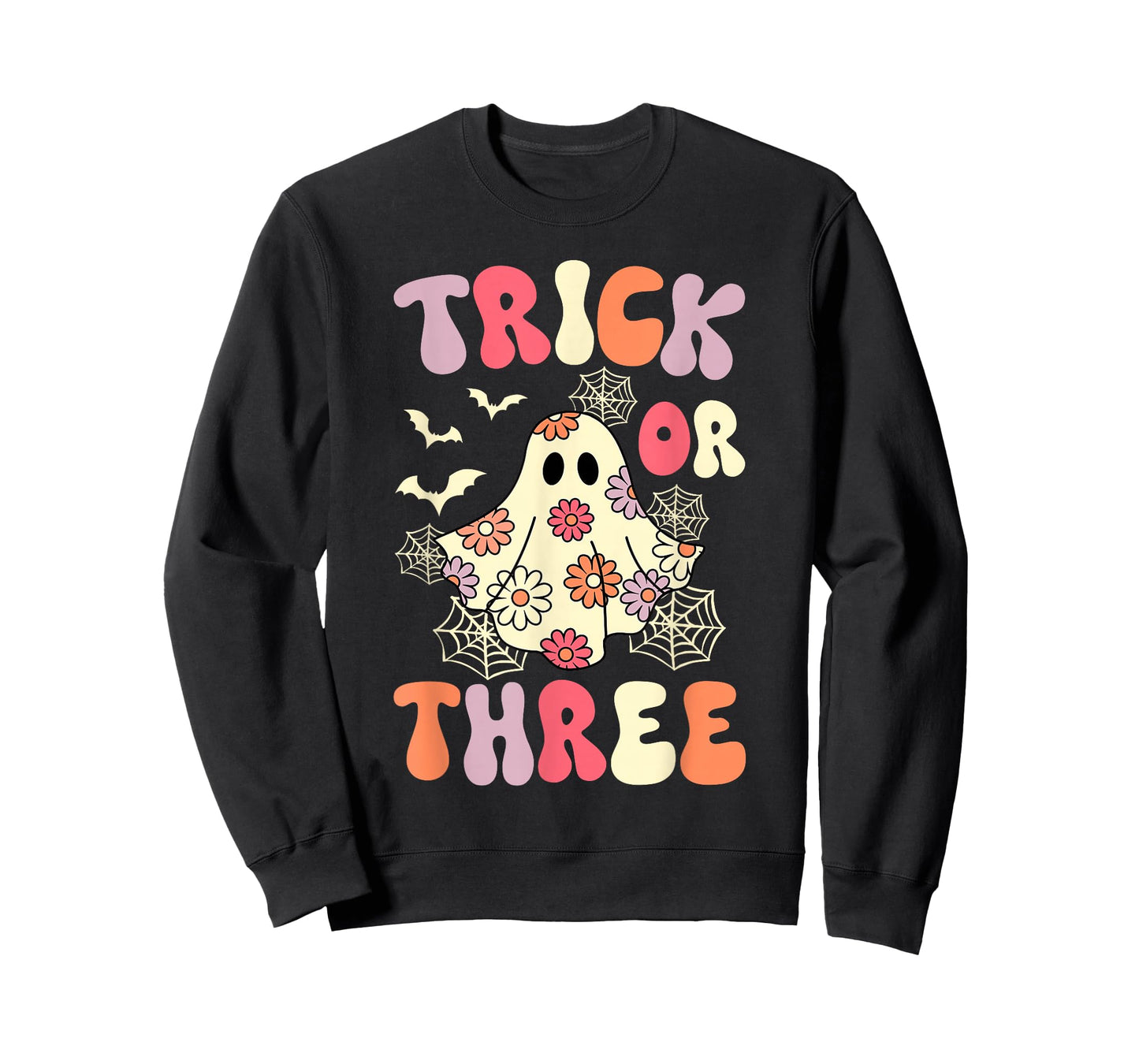 Trick Or Three 3 Years Old Birthday Groovy Ghost Halloween T-Shirt