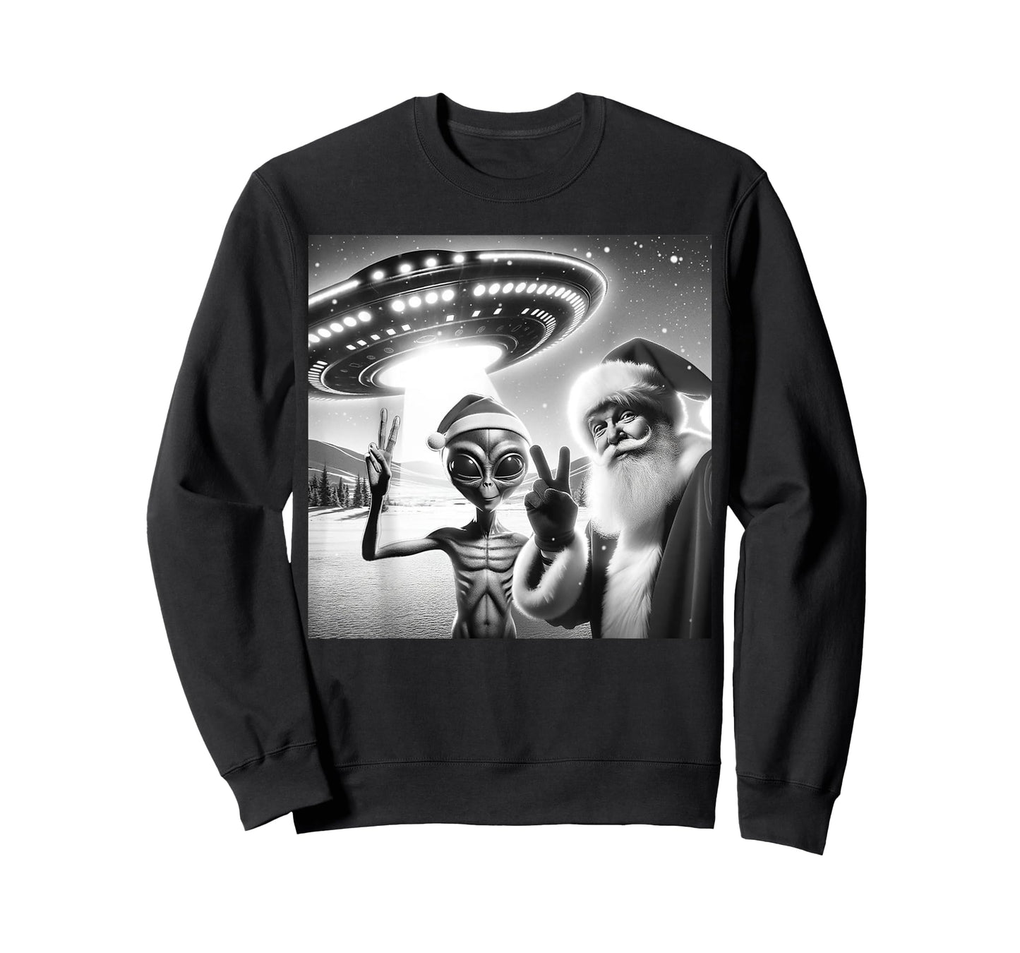 Funny Santa Selfie Alien UFO Lover Peace Sign Ugly Christmas T-Shirt