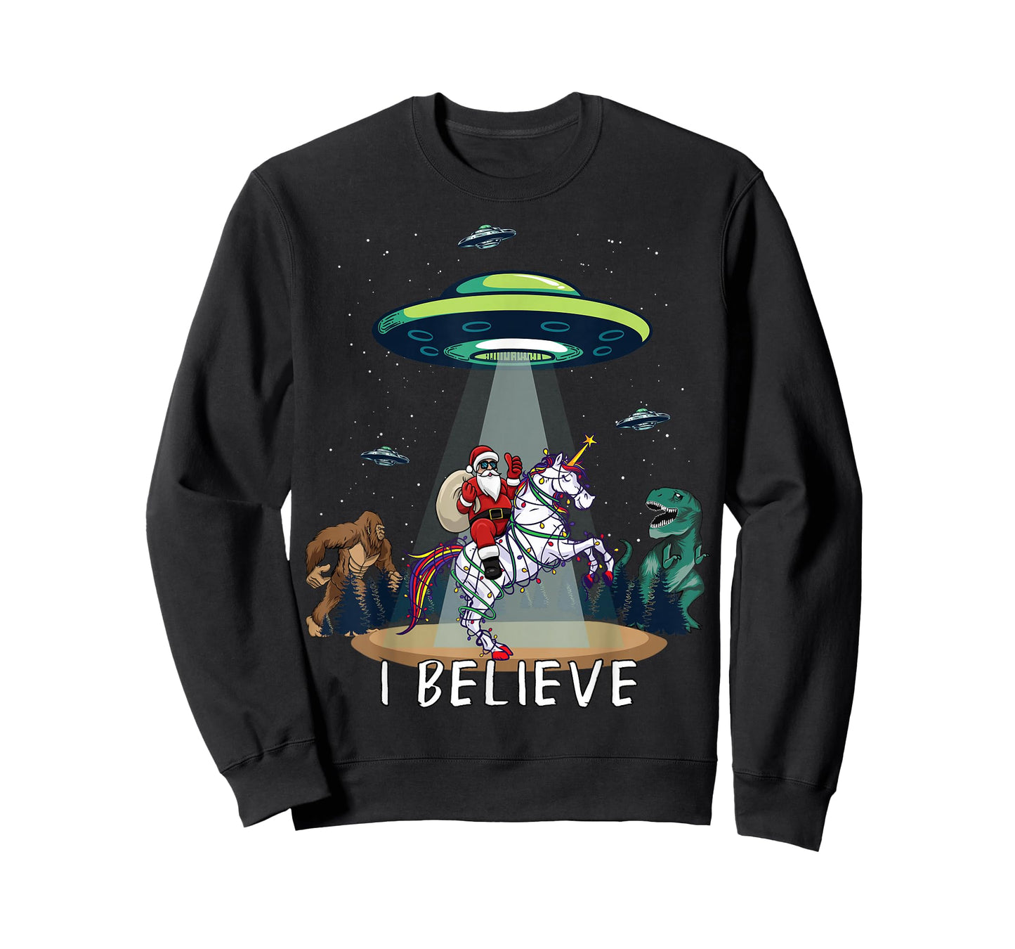 Believe Bigfoot Dinosaur Alien UFO Santa Riding On Unicorn T-Shirt