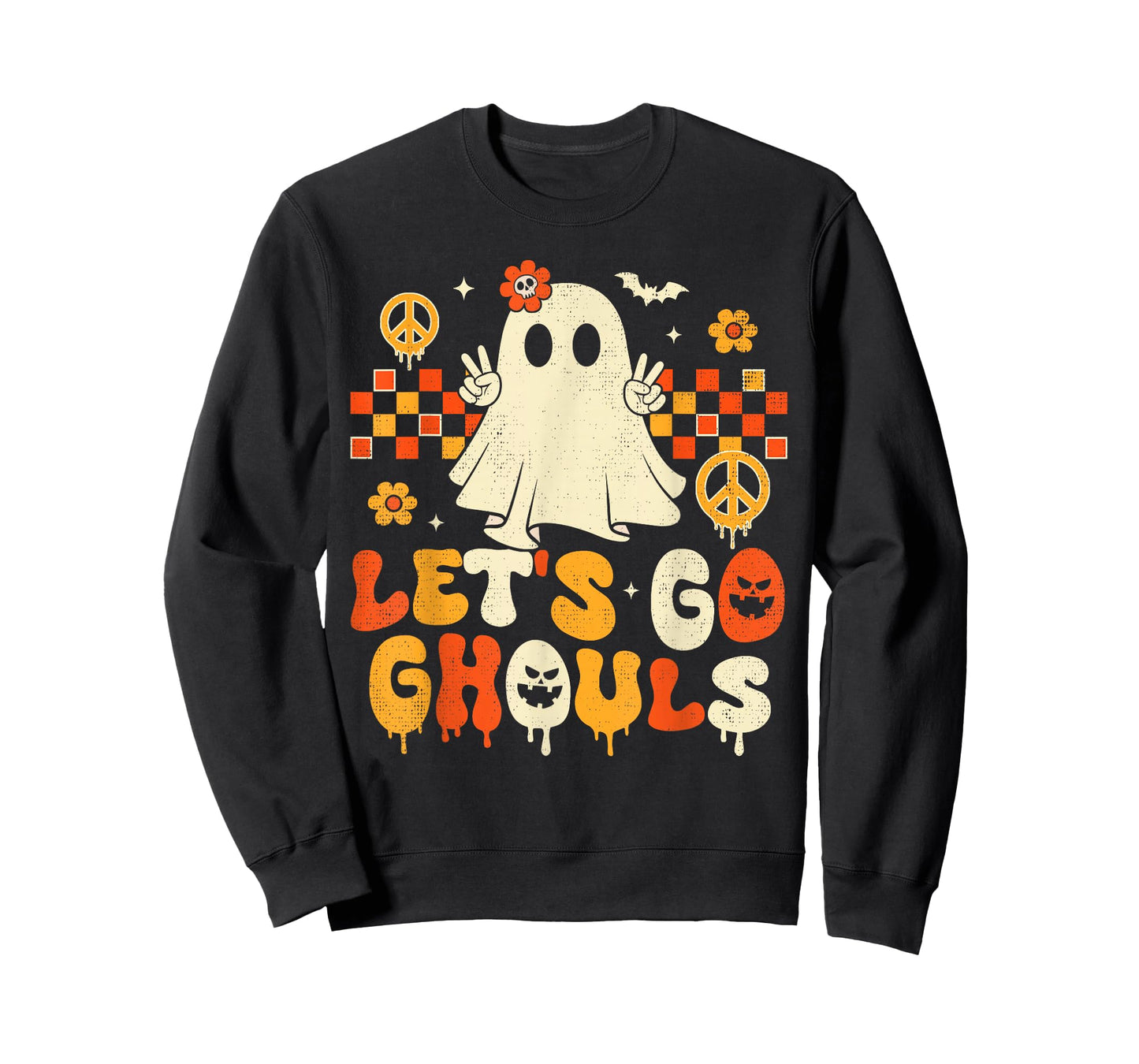 Halloween Lets Go Ghouls Ghost Retro Groovy Women Girl Kids T-Shirt