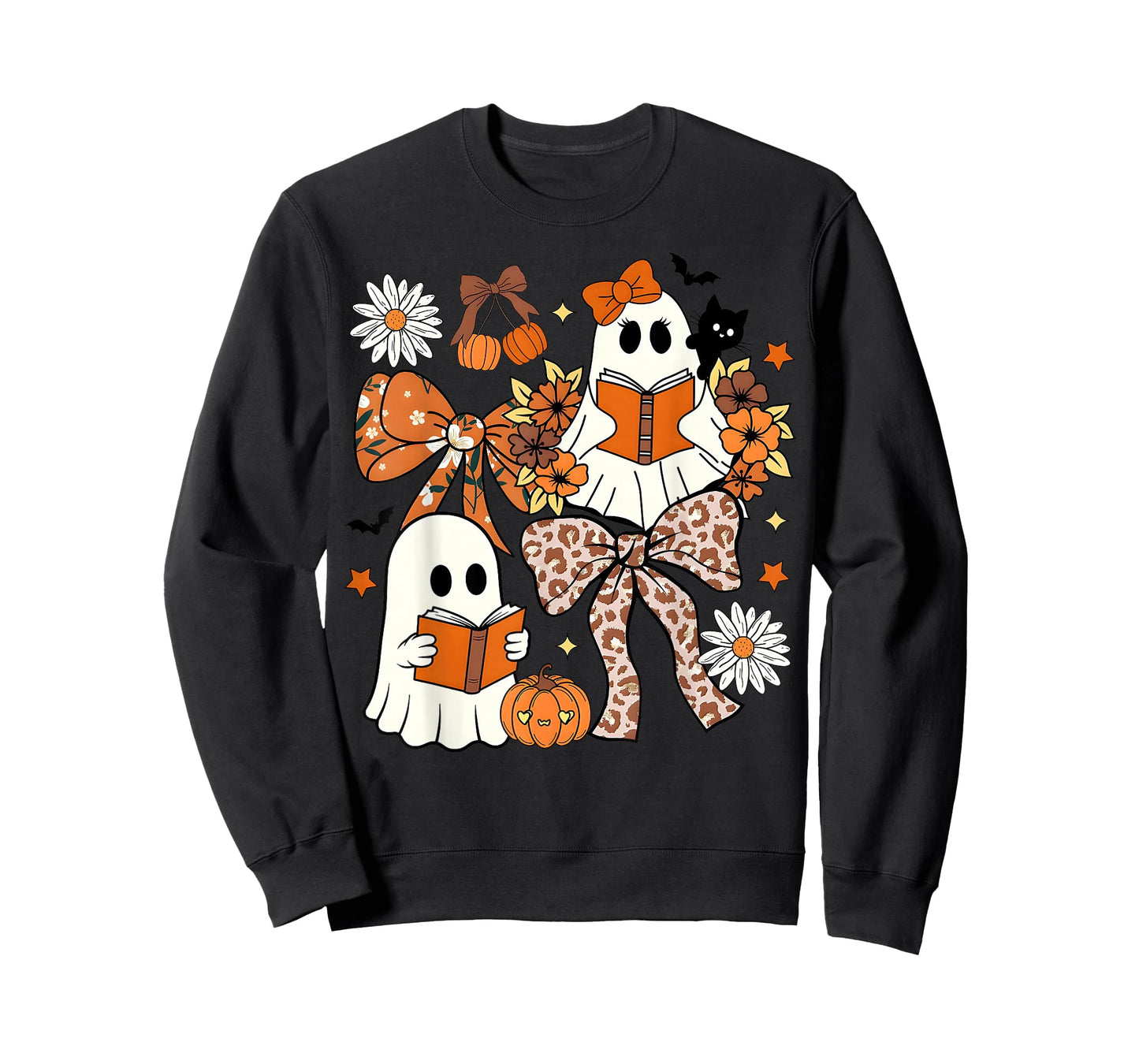 Ghost Reading Books Leopard Pumpkin Coquette Bow Halloween T-Shirt