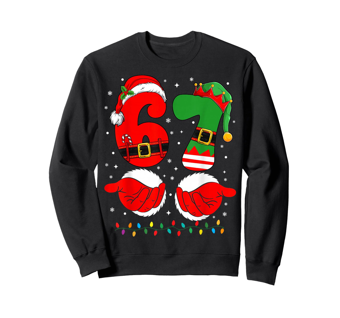 6 7 Six Seven Meme Christmas Santa Hands Elf Xmas Light T-Shirt