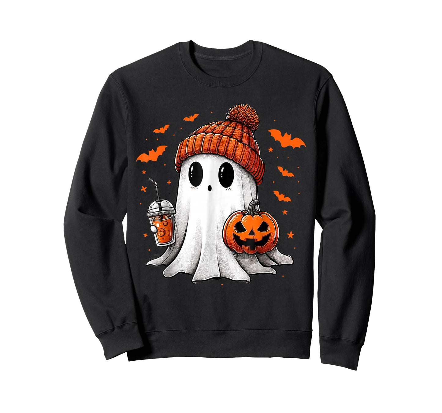 Cute Ghost Drinking Ice Coffee Halloween Pumpkin Mens Womens T-Shirt