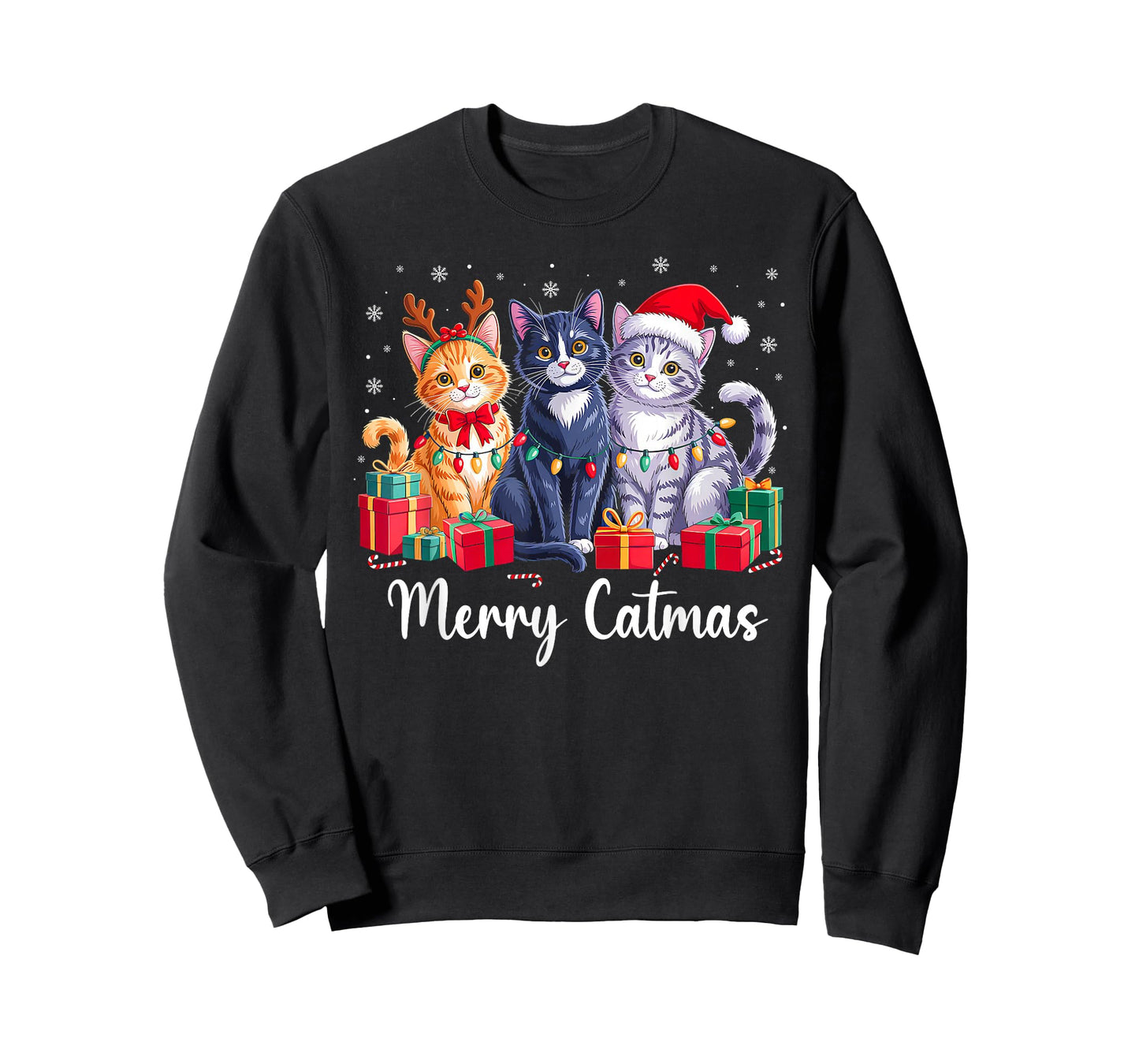 Merry Catmas Cat Christmas Light Reindeer Santa Cat Lover T-Shirt