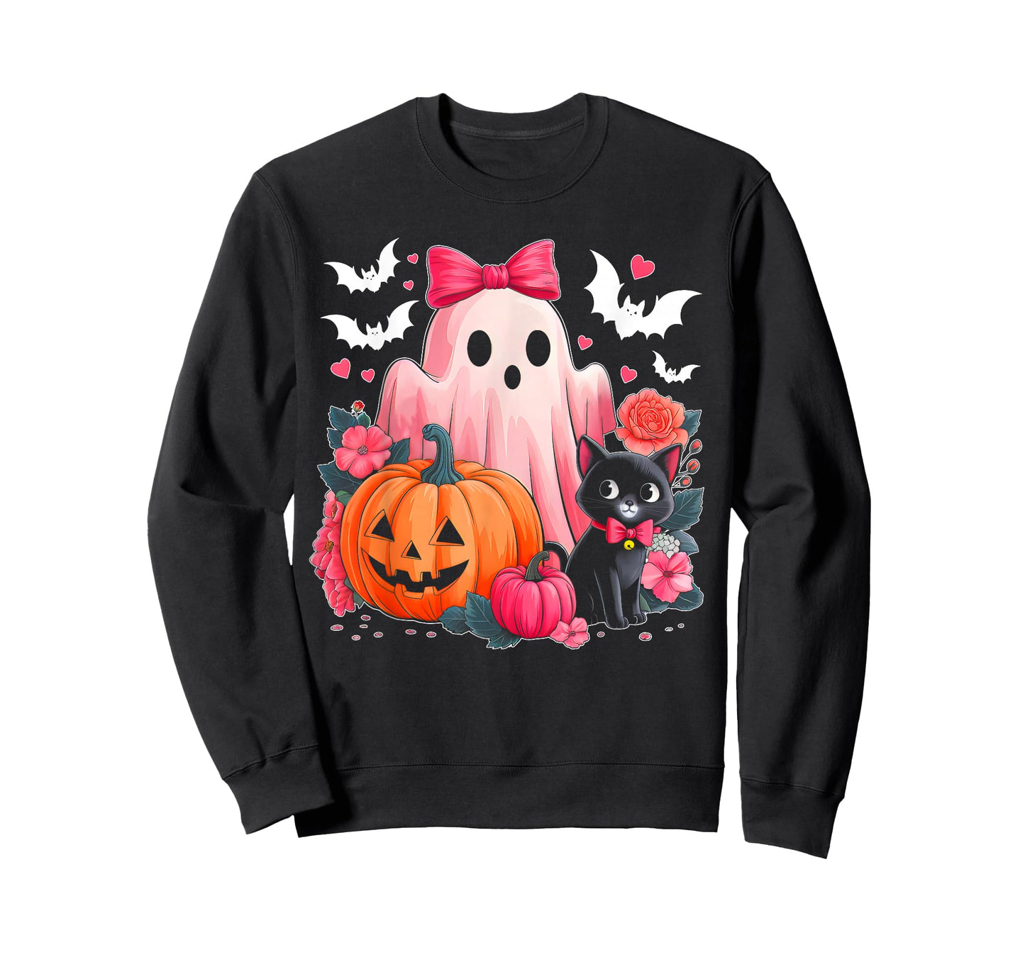 Cute Floral Pink Ghost Pumpkin Black Cat Halloween Costume T-Shirt