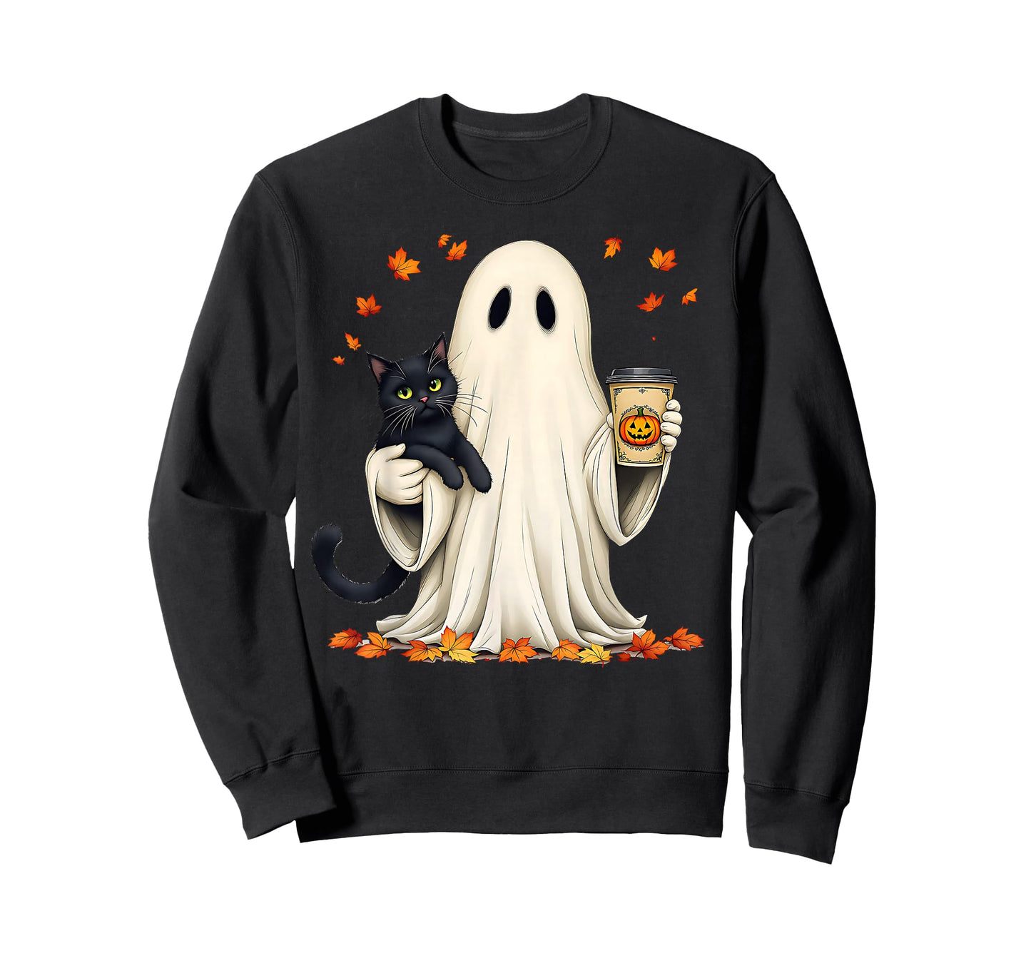 Ghost Holding a Cat with Pumpkin Coffee Halloween & Autumn T-Shirt