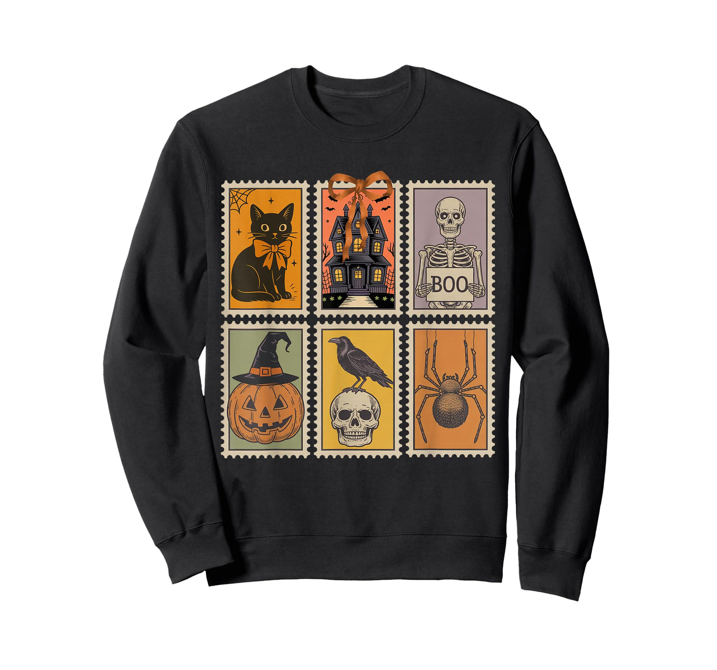Vintage Halloween Stamp Cute Ghost Pumpkin Cat Retro Fall T-Shirt