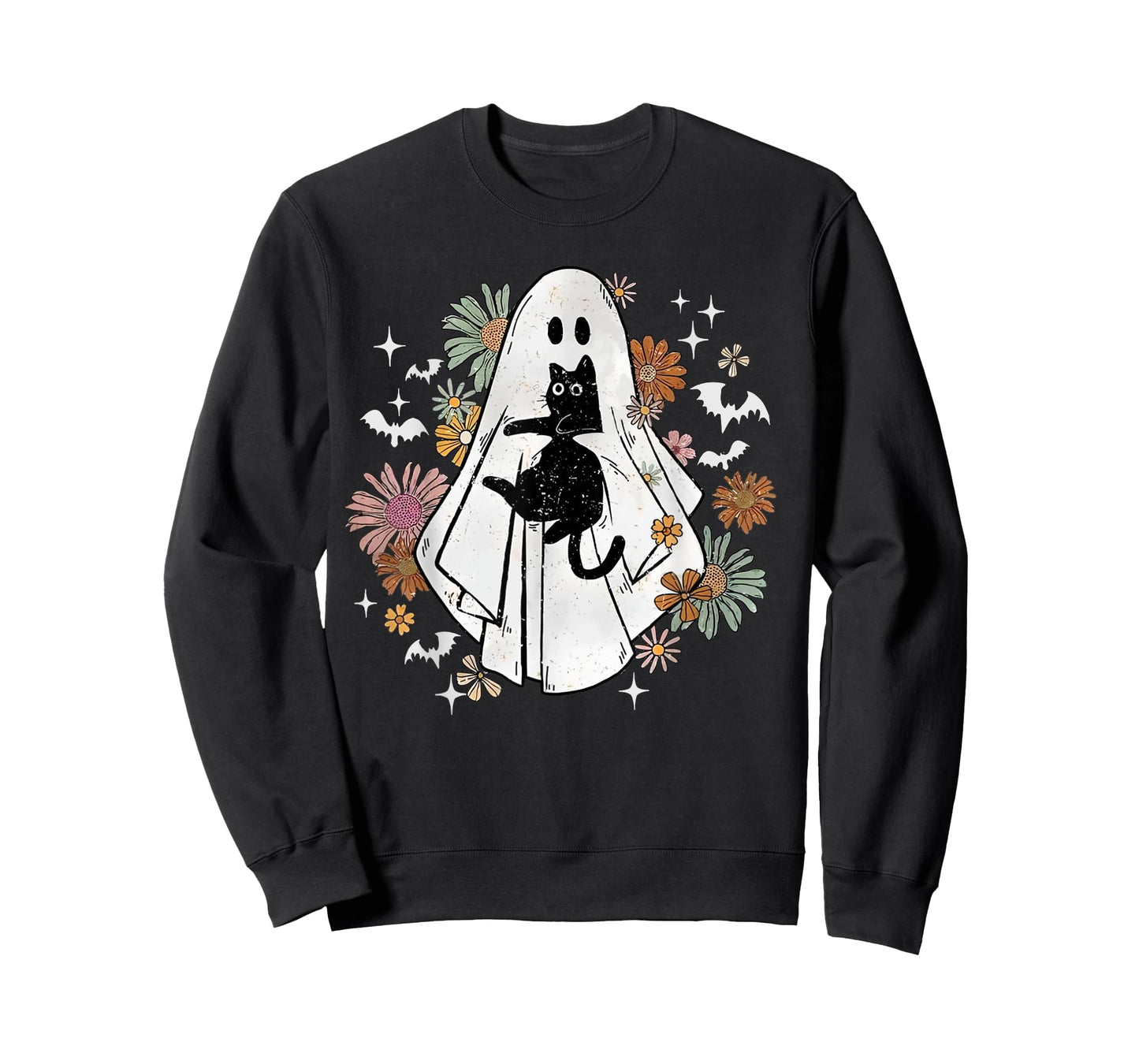 Spooky Ghost Holding Black Cat Groovy Floral Halloween Goth T-Shirt