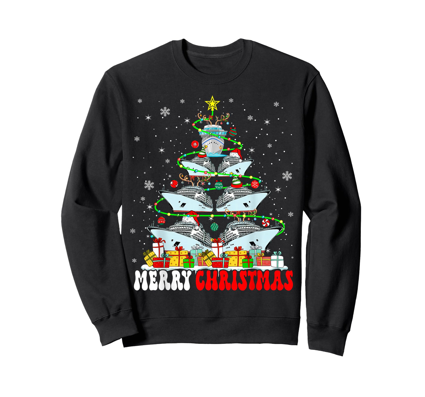 Merry Christmas Reindeer Elf Santa Cruise Ships Xmas Tree T-Shirt