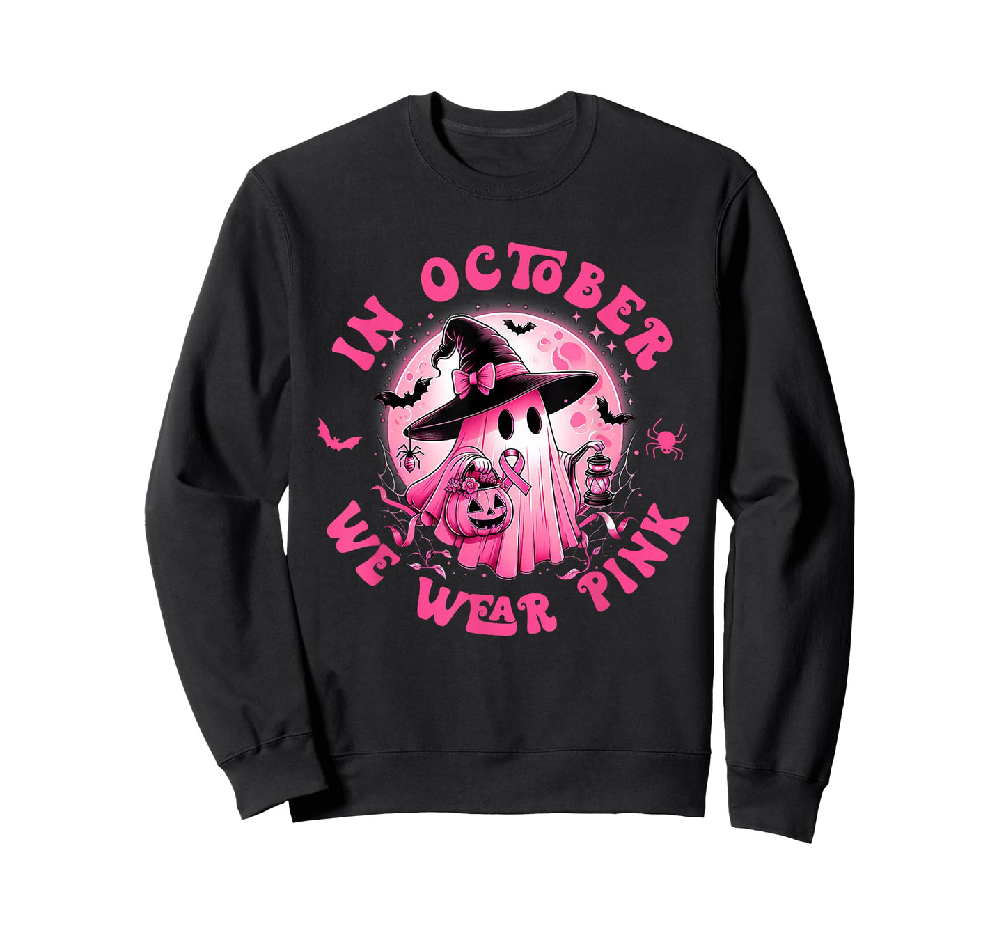 in October We Wear Pink Ghost Witch Breast Cancer Awareness T-Shirt
